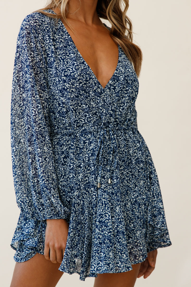 Marlene Long Sleeve Drawstring Waist Dress Floral Print Navy-Maymioy