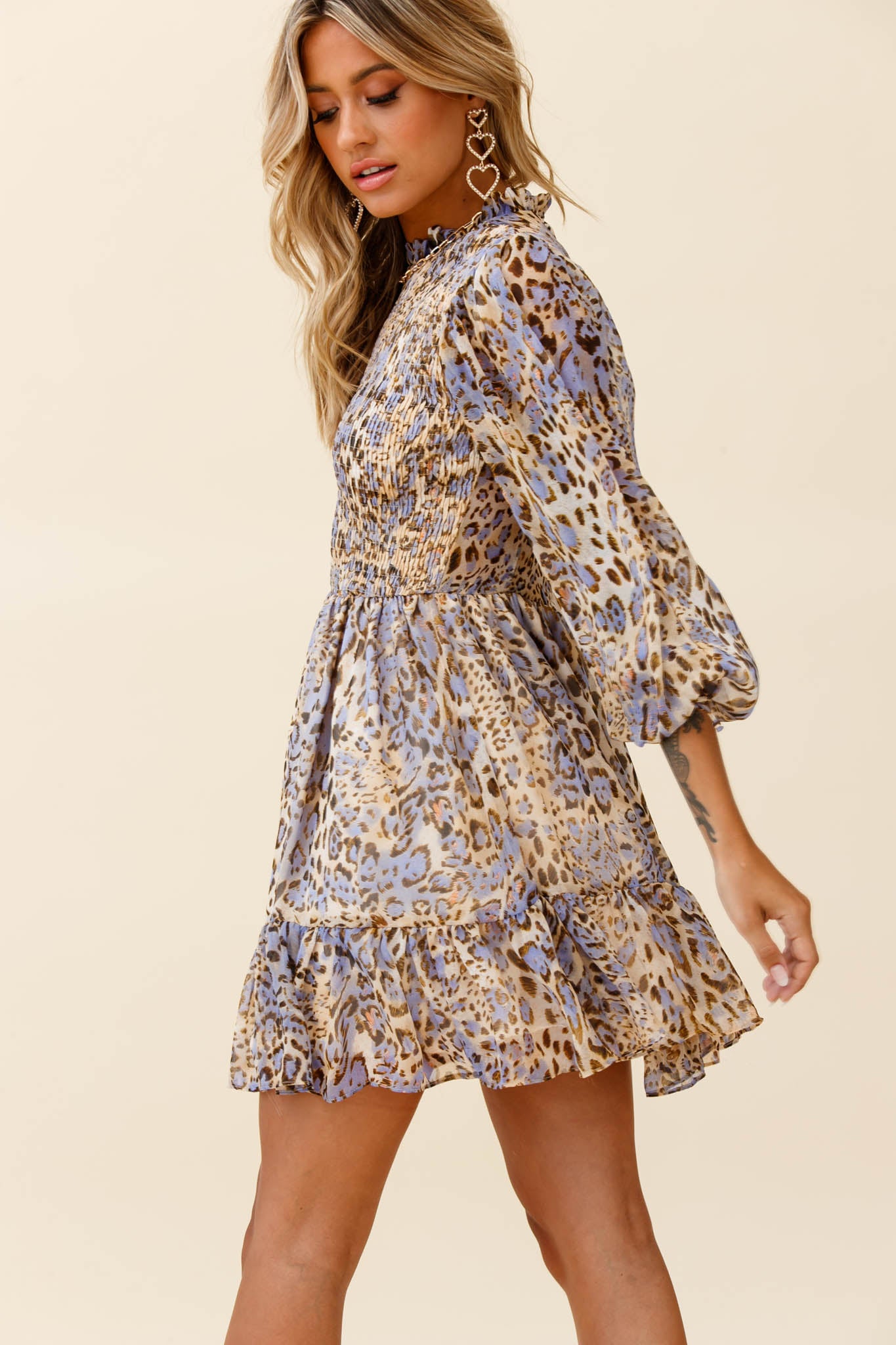 Marja Long Balloon Sleeve Shirred Baby Doll Dress Leopard Print Blue-Maymioy