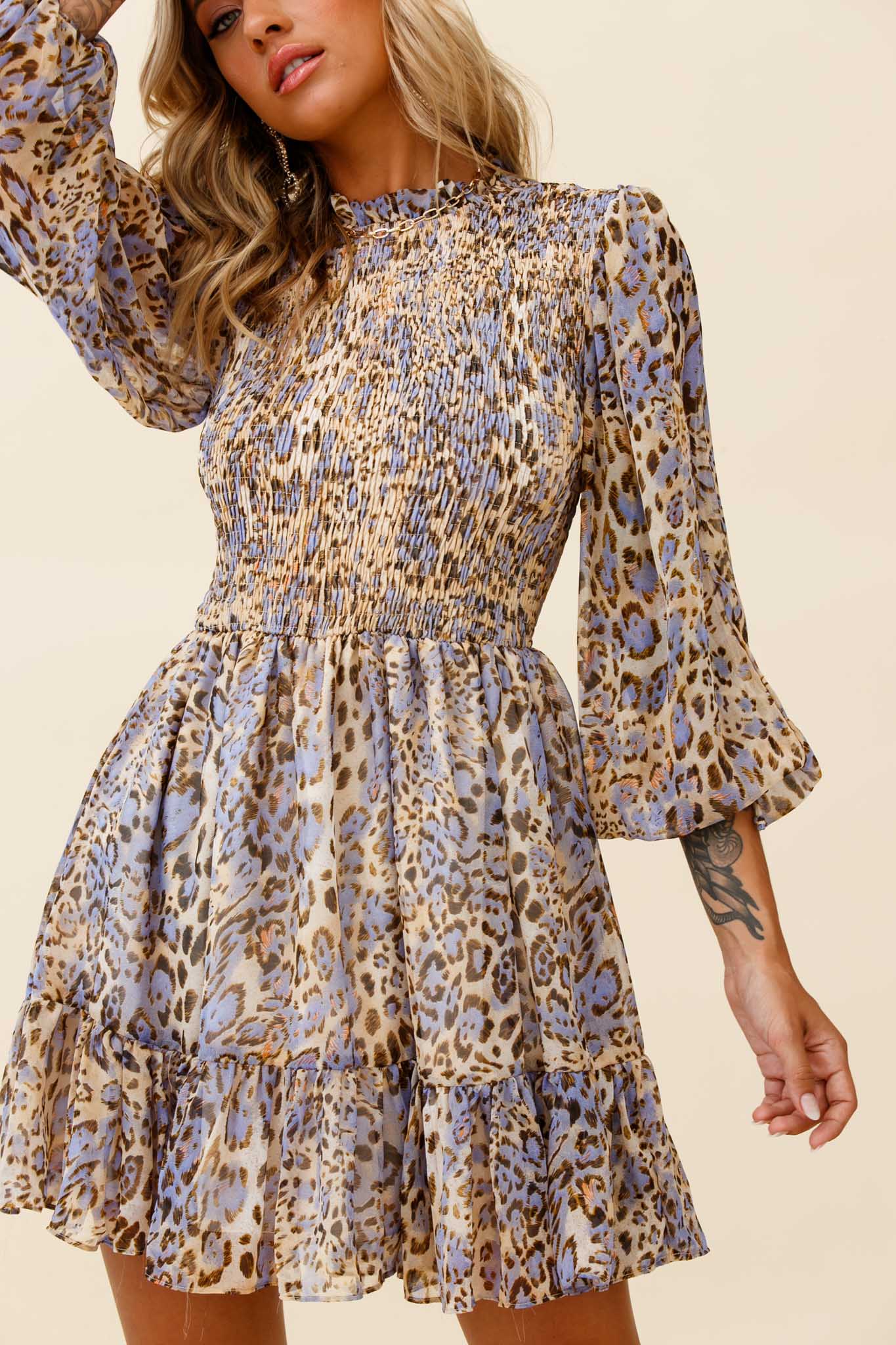 Marja Long Balloon Sleeve Shirred Baby Doll Dress Leopard Print Blue-Maymioy