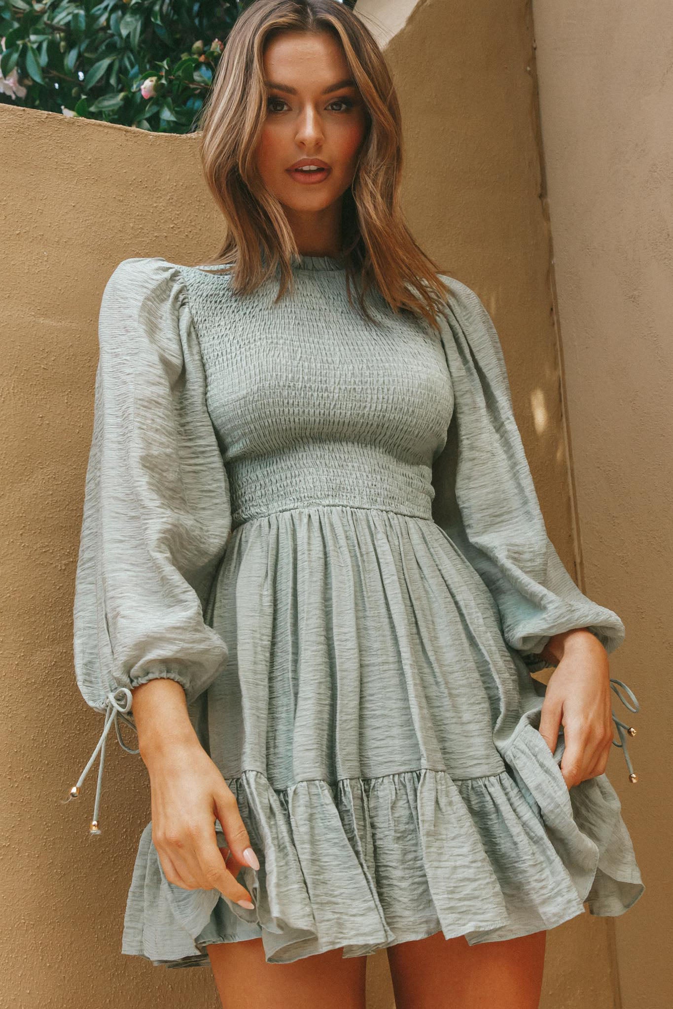 Secret Garden Long Sleeve Smocked Bodice Dress Olive-Maymioy