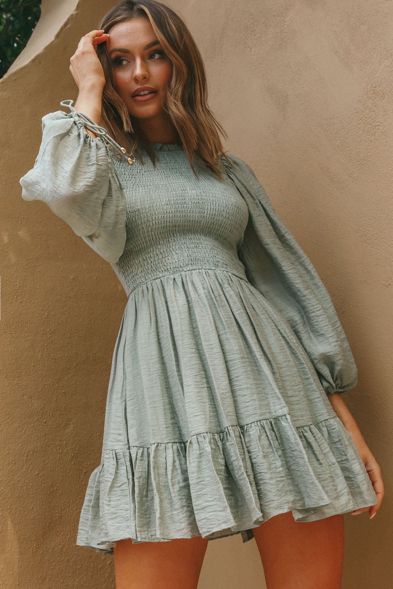 Secret Garden Long Sleeve Smocked Bodice Dress Olive-Maymioy
