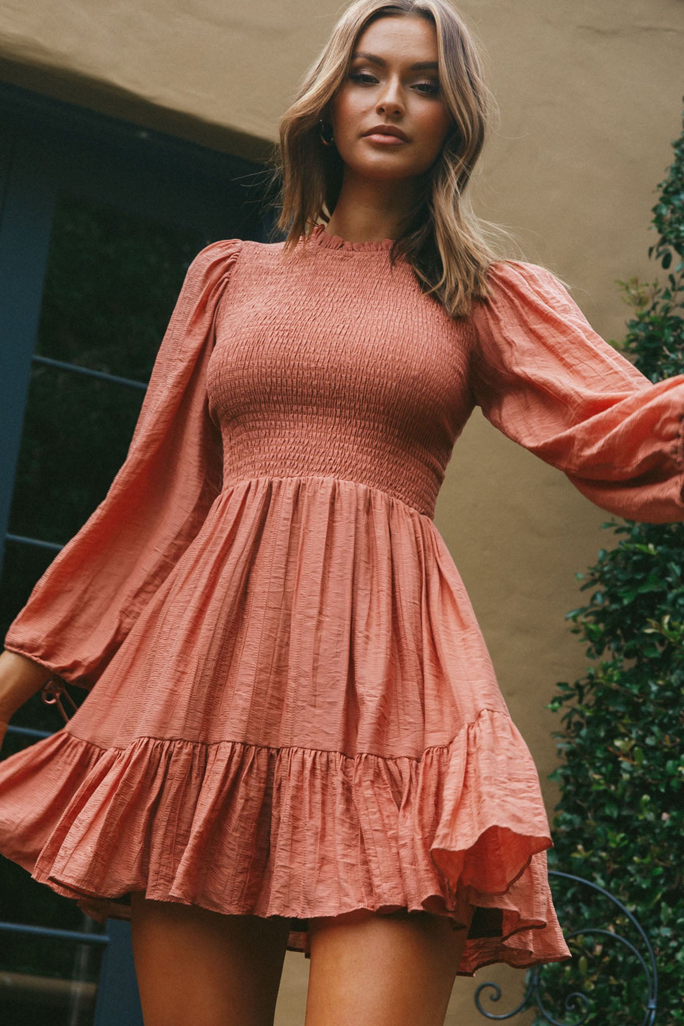 Secret Garden Long Sleeve Smocked Bodice Dress Rose-Maymioy