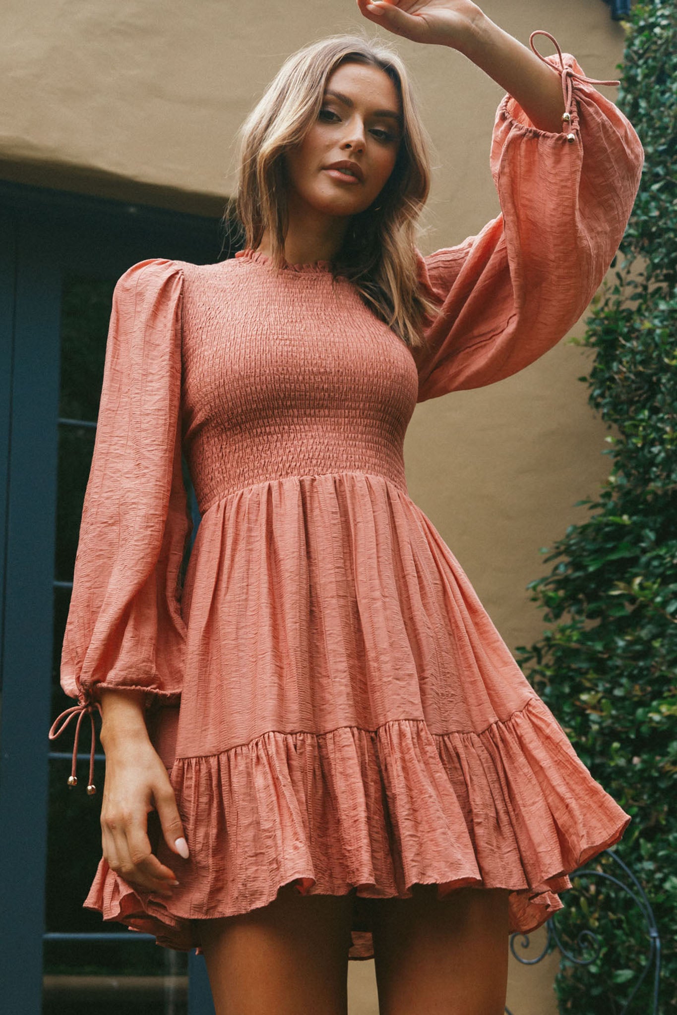 Secret Garden Long Sleeve Smocked Bodice Dress Rose-Maymioy