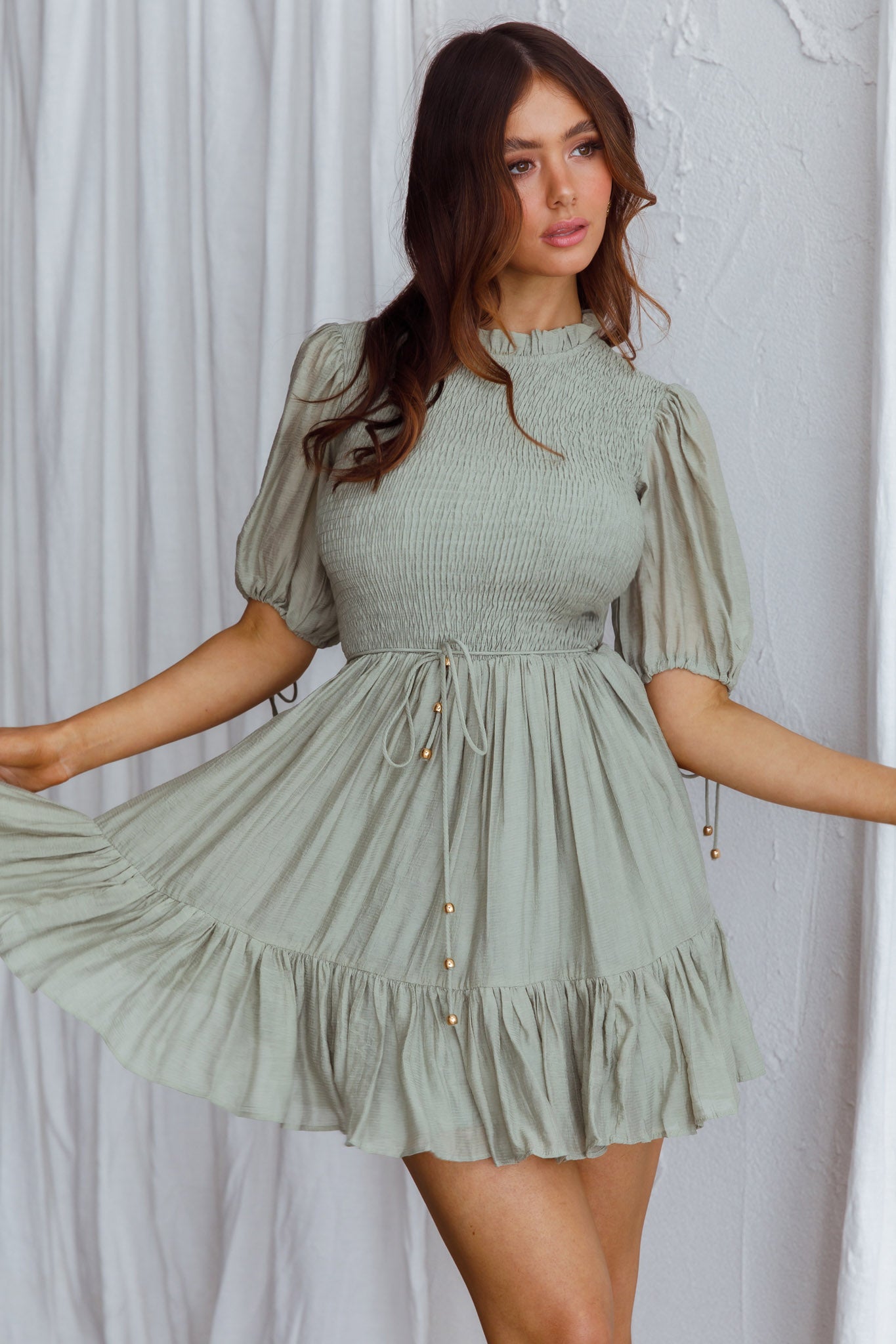 Secret Garden Puff Sleeve Smocked Bodice Dress Avocado-Maymioy