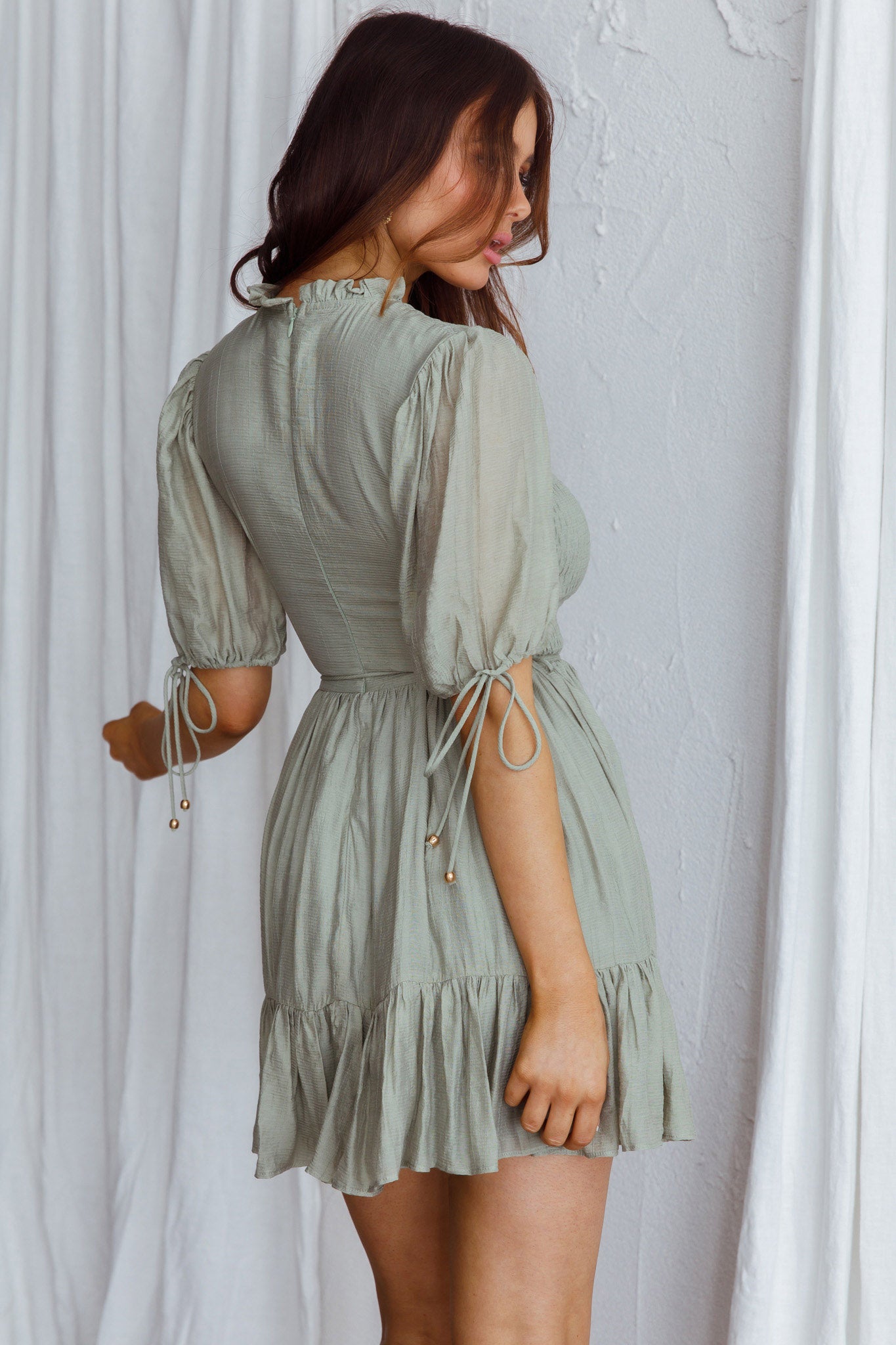 Secret Garden Puff Sleeve Smocked Bodice Dress Avocado-Maymioy