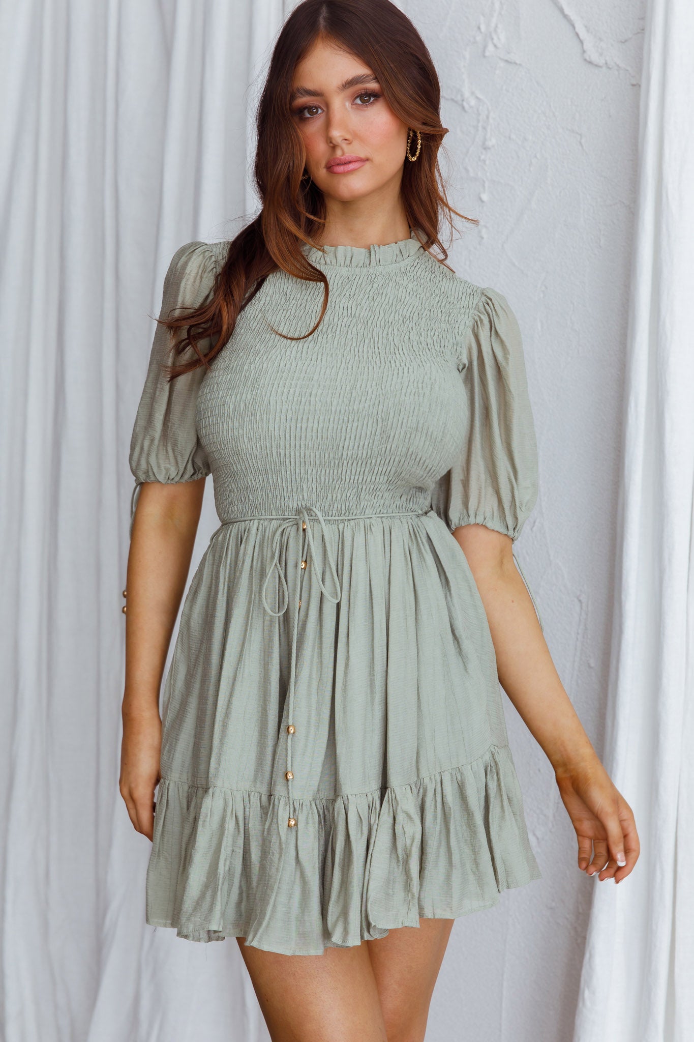Secret Garden Puff Sleeve Smocked Bodice Dress Avocado-Maymioy