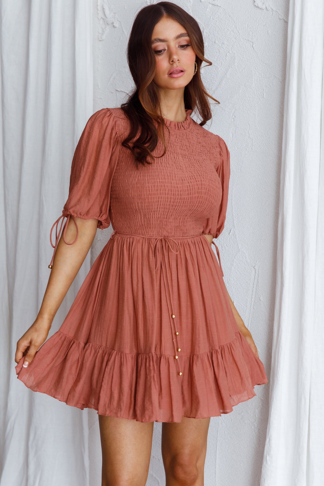 Secret Garden Puff Sleeve Smocked Bodice Dress Mocha-Maymioy