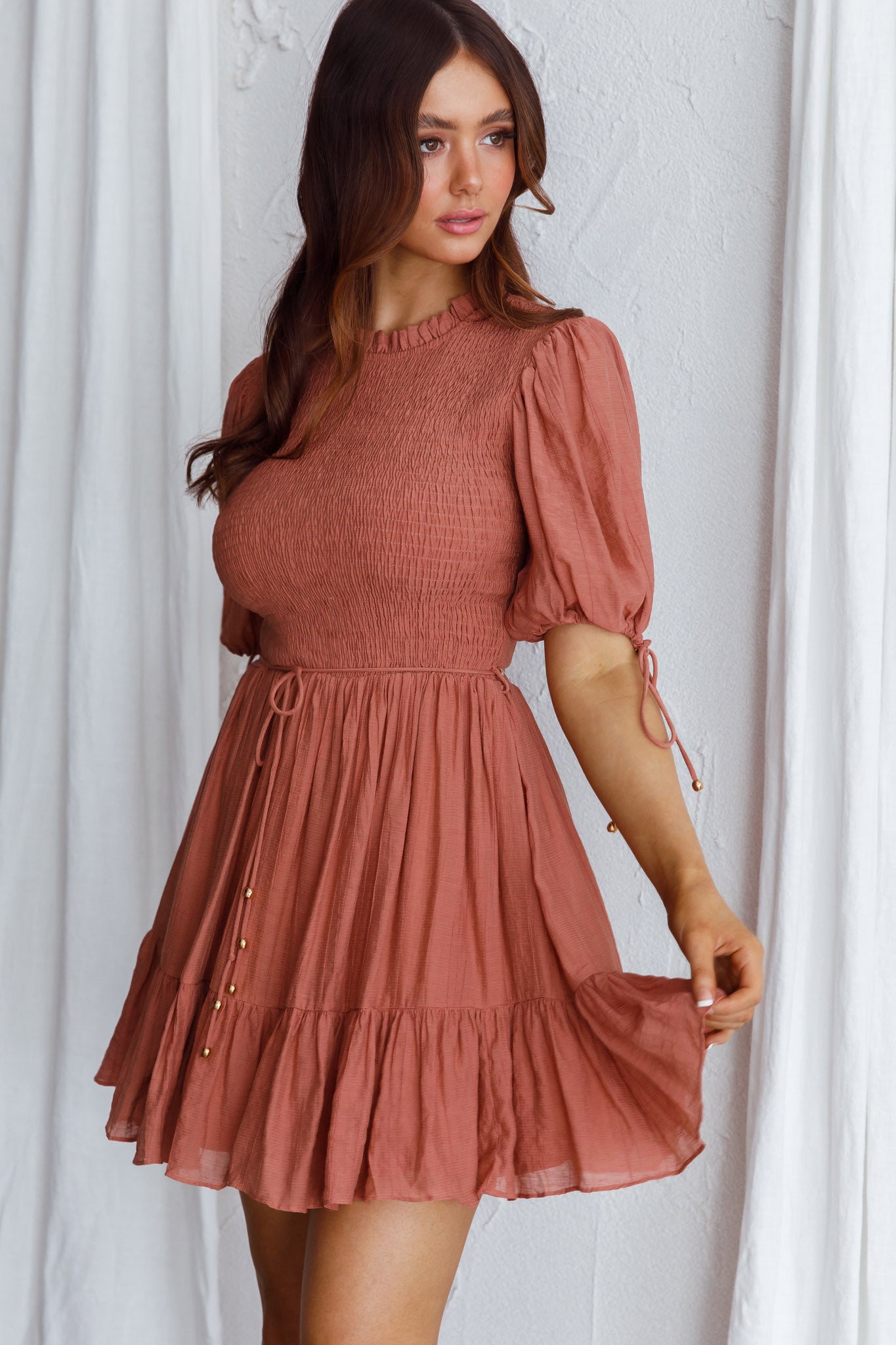Secret Garden Puff Sleeve Smocked Bodice Dress Mocha-Maymioy