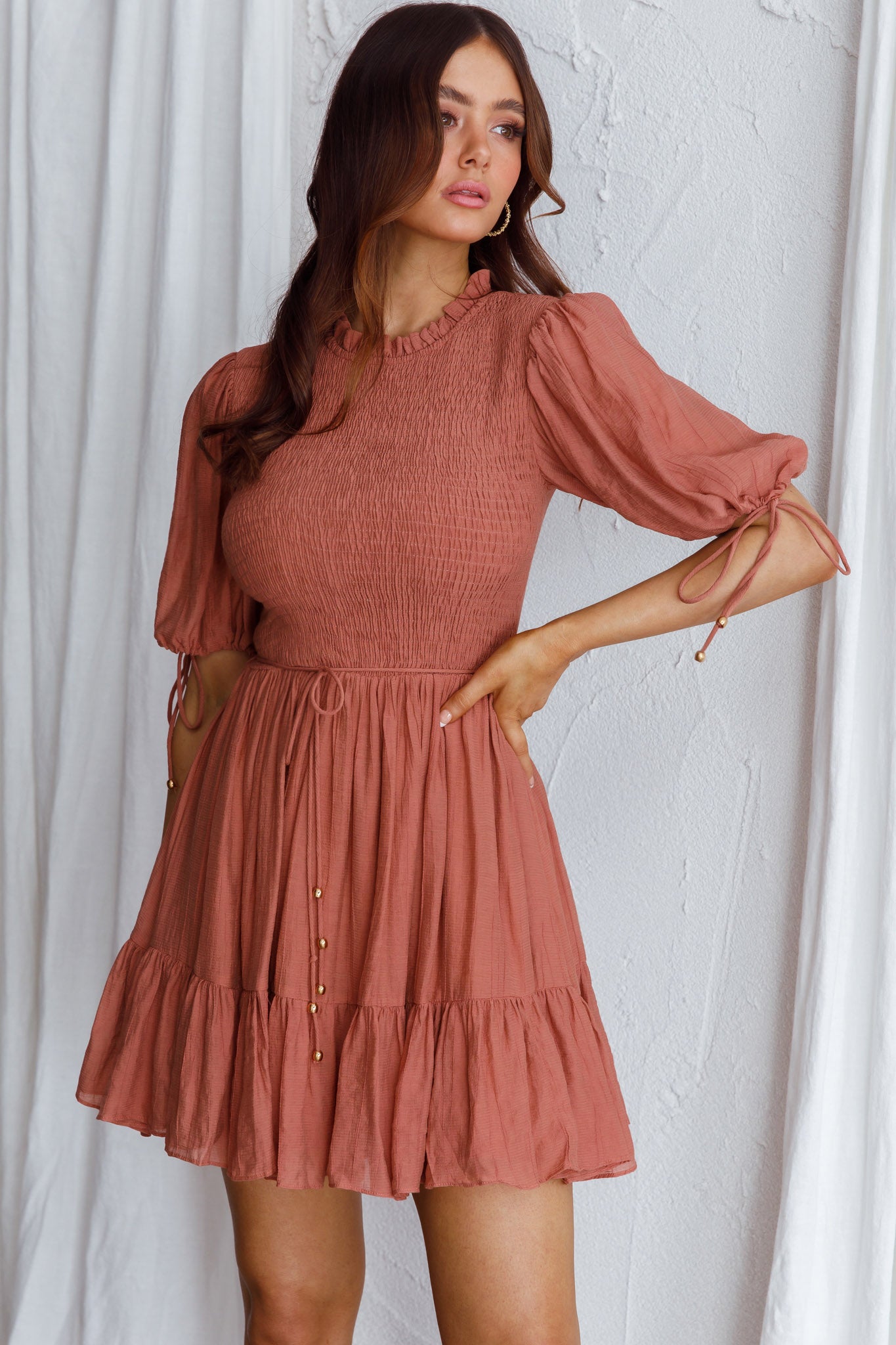 Secret Garden Puff Sleeve Smocked Bodice Dress Mocha-Maymioy