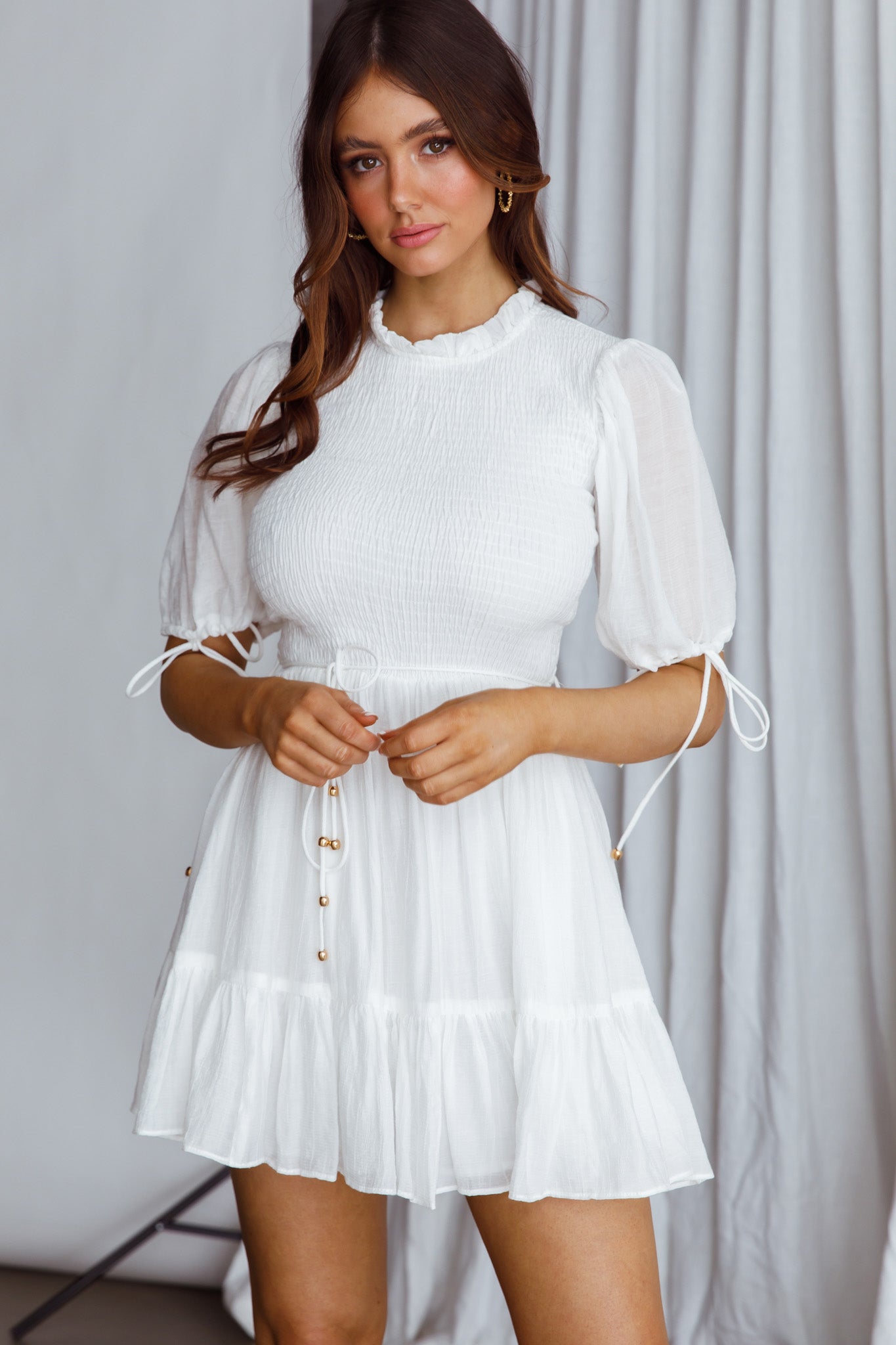 Secret Garden Puff Sleeve Smocked Bodice Dress White-Maymioy