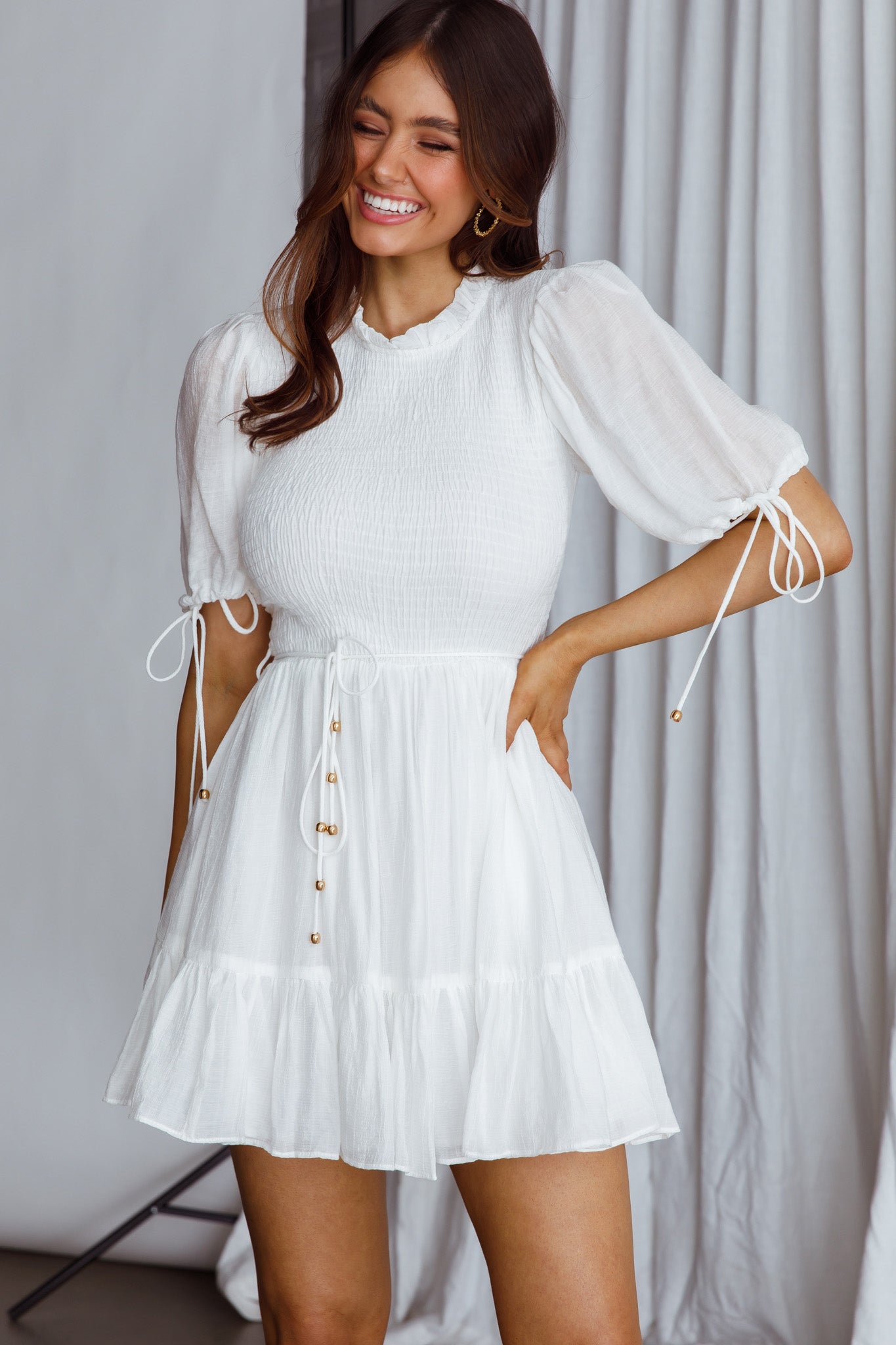 Secret Garden Puff Sleeve Smocked Bodice Dress White-Maymioy