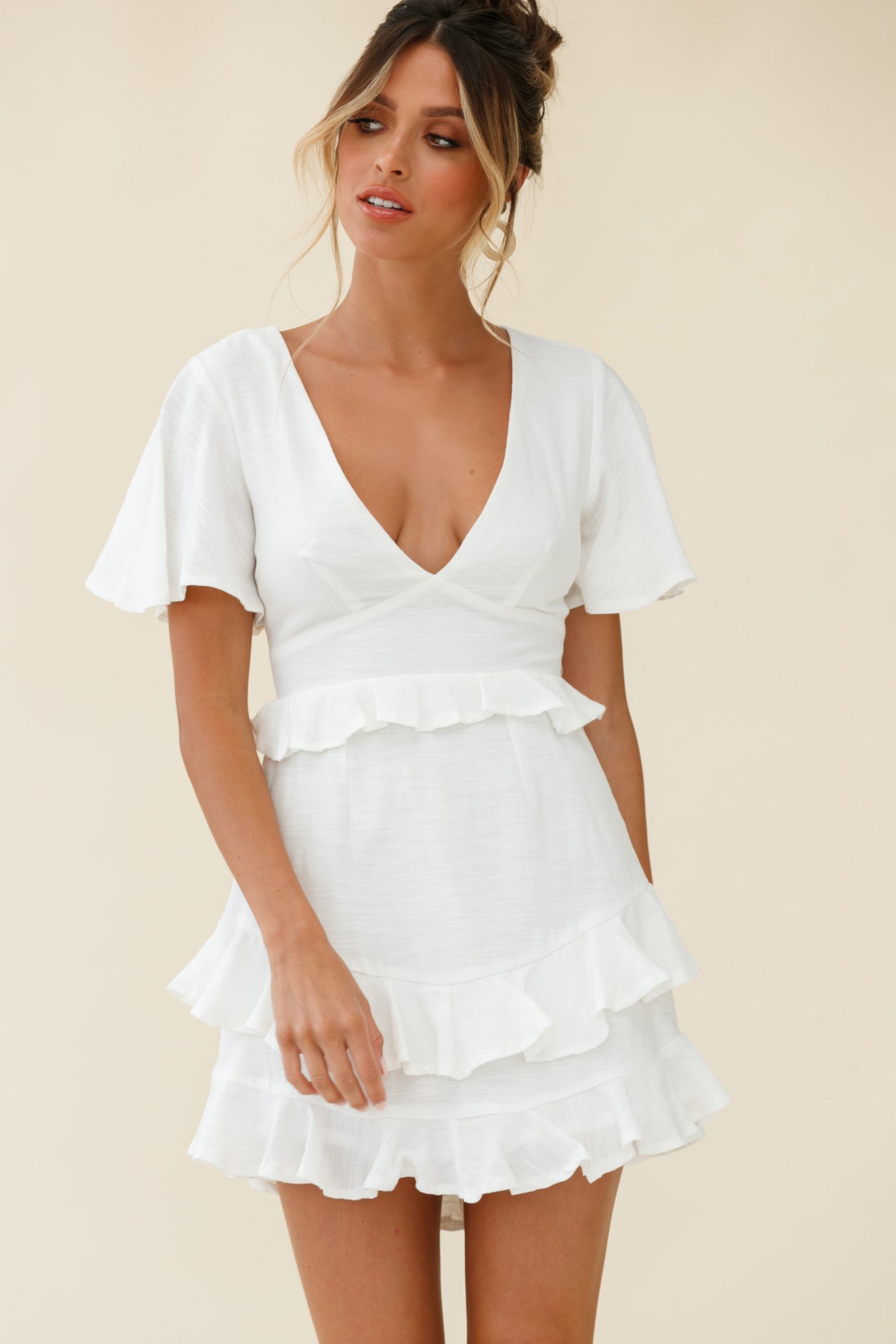 Queenie Angel Sleeve Ruffle Trim Dress White-Maymioy