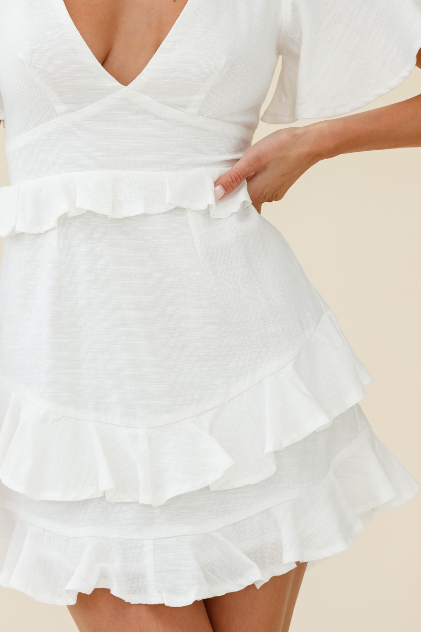 Queenie Angel Sleeve Ruffle Trim Dress White-Maymioy