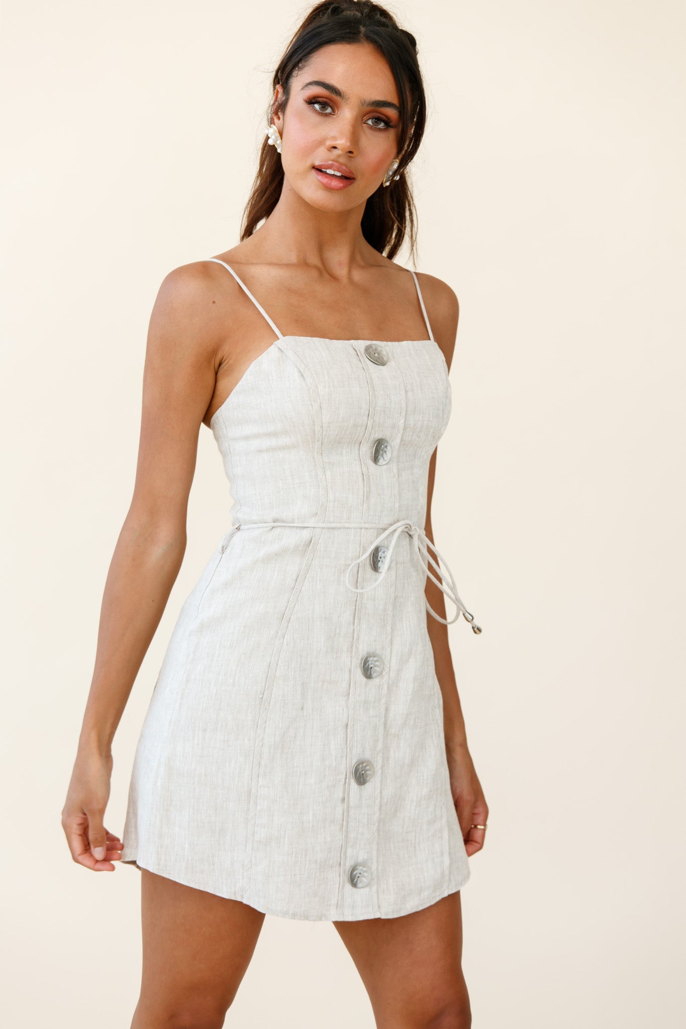 Sacramento Faux Placket Button Detail Dress Natural-Maymioy