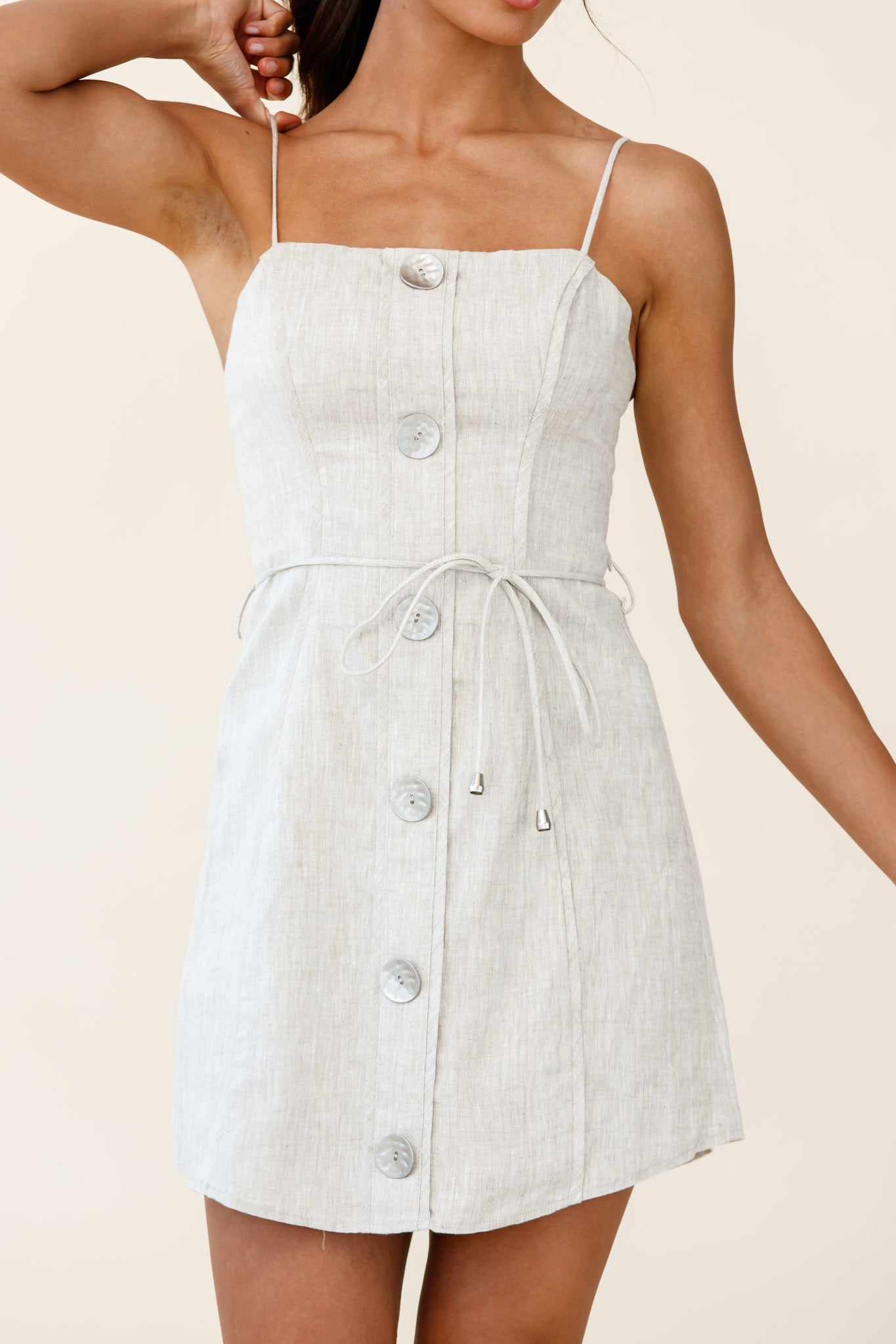 Sacramento Faux Placket Button Detail Dress Natural-Maymioy