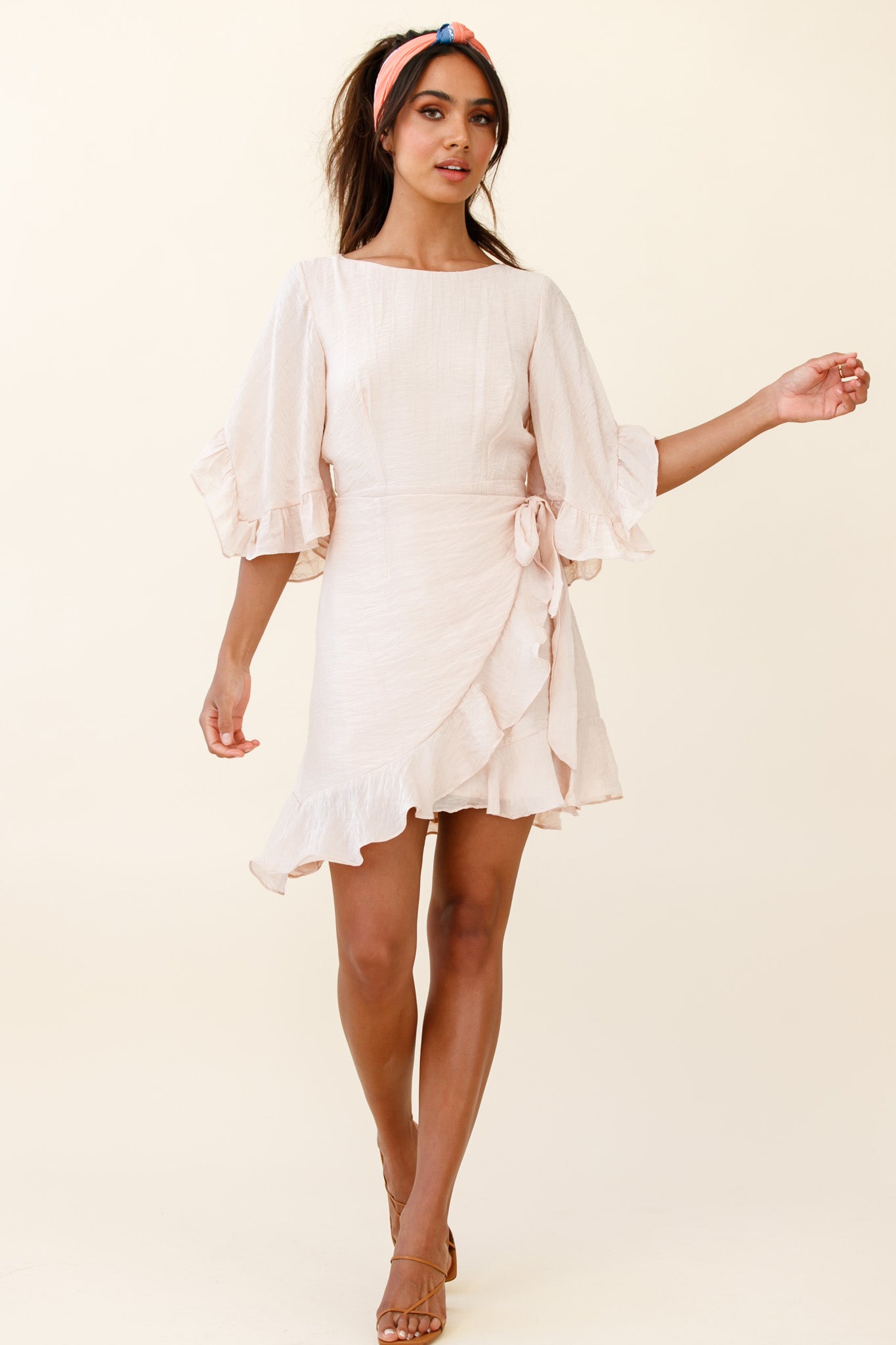 Make It Happen Flared Sleeve Ruffle Trim Dress Beige-Maymioy