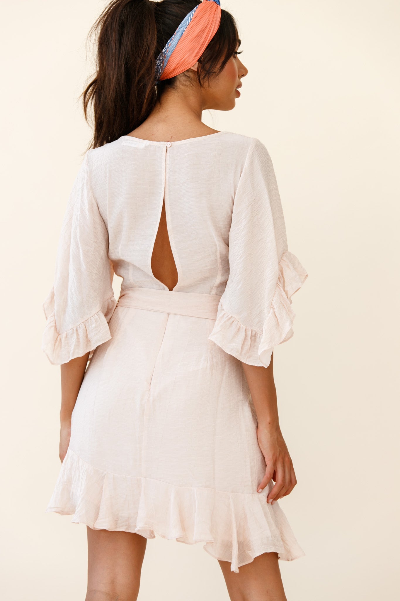 Make It Happen Flared Sleeve Ruffle Trim Dress Beige-Maymioy