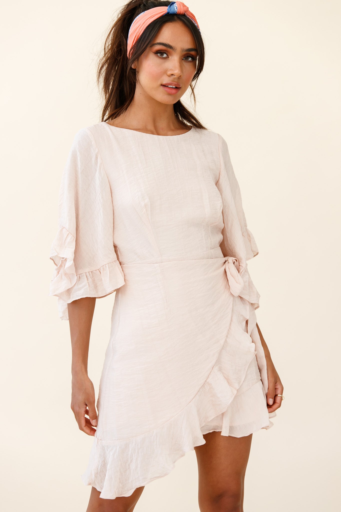Make It Happen Flared Sleeve Ruffle Trim Dress Beige-Maymioy