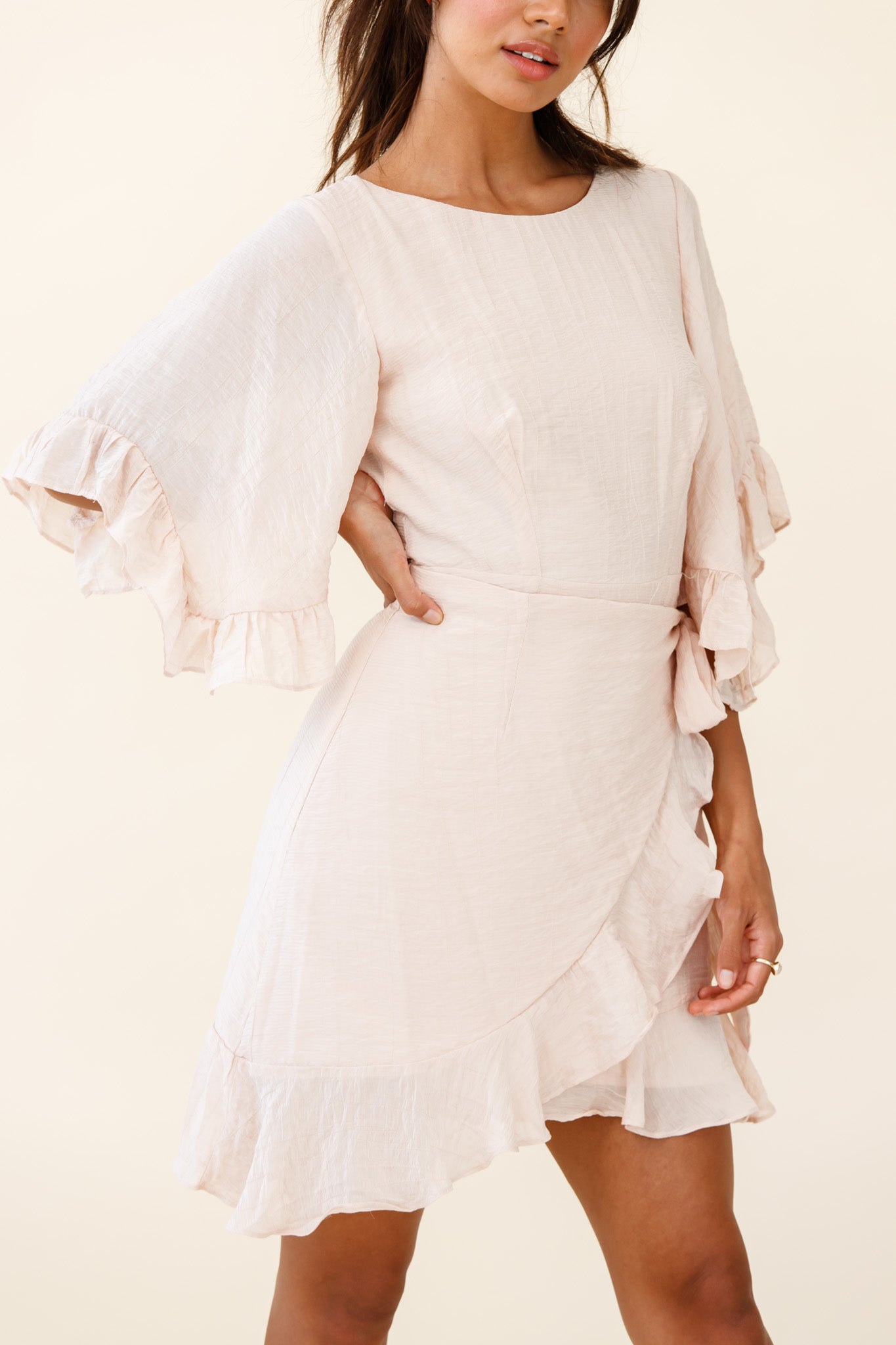 Make It Happen Flared Sleeve Ruffle Trim Dress Beige-Maymioy