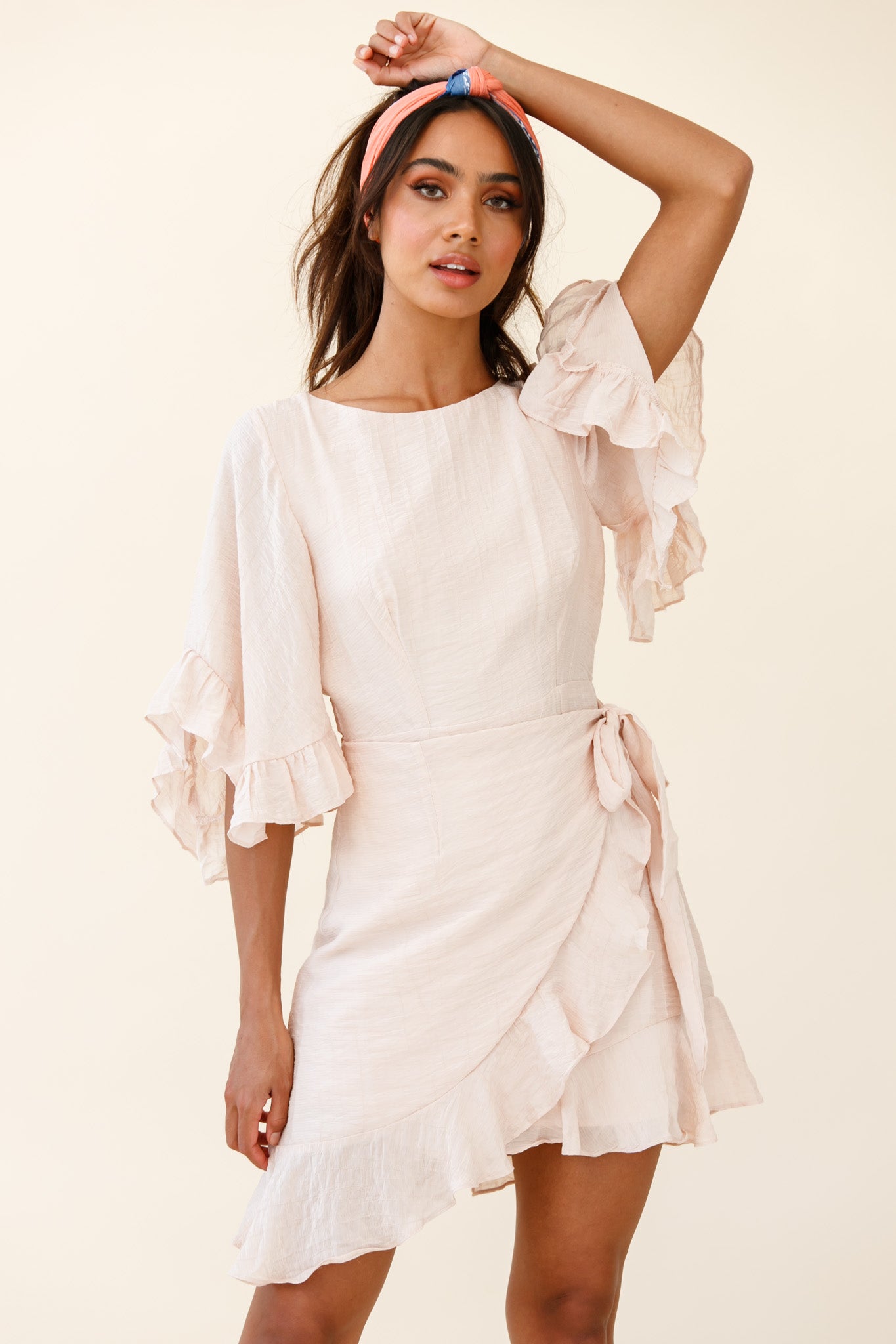 Make It Happen Flared Sleeve Ruffle Trim Dress Beige-Maymioy