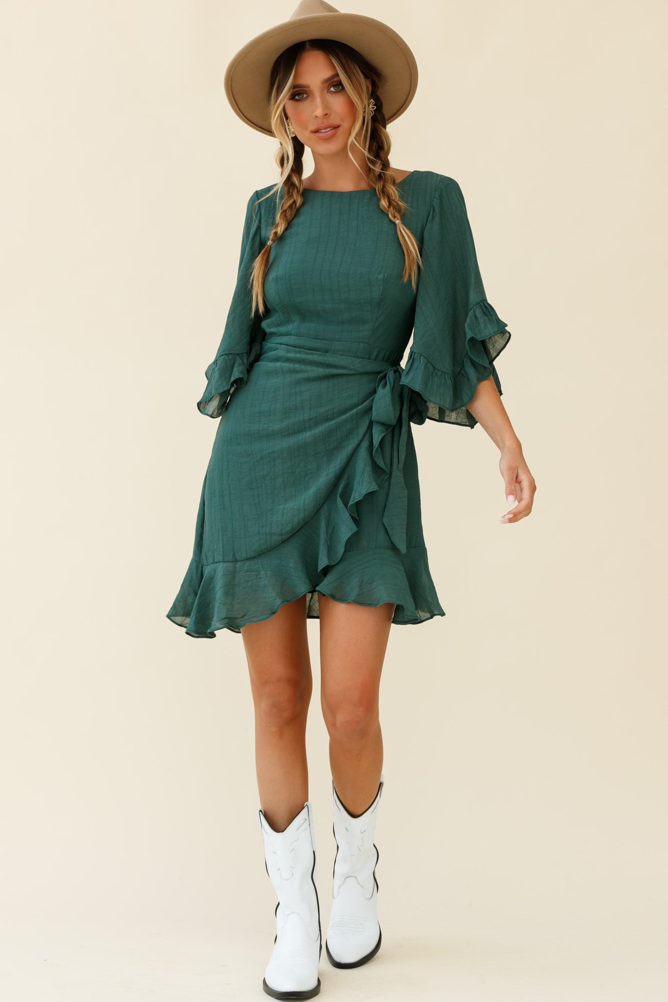 Make It Happen Flared Sleeve Ruffle Trim Dress Green-Maymioy