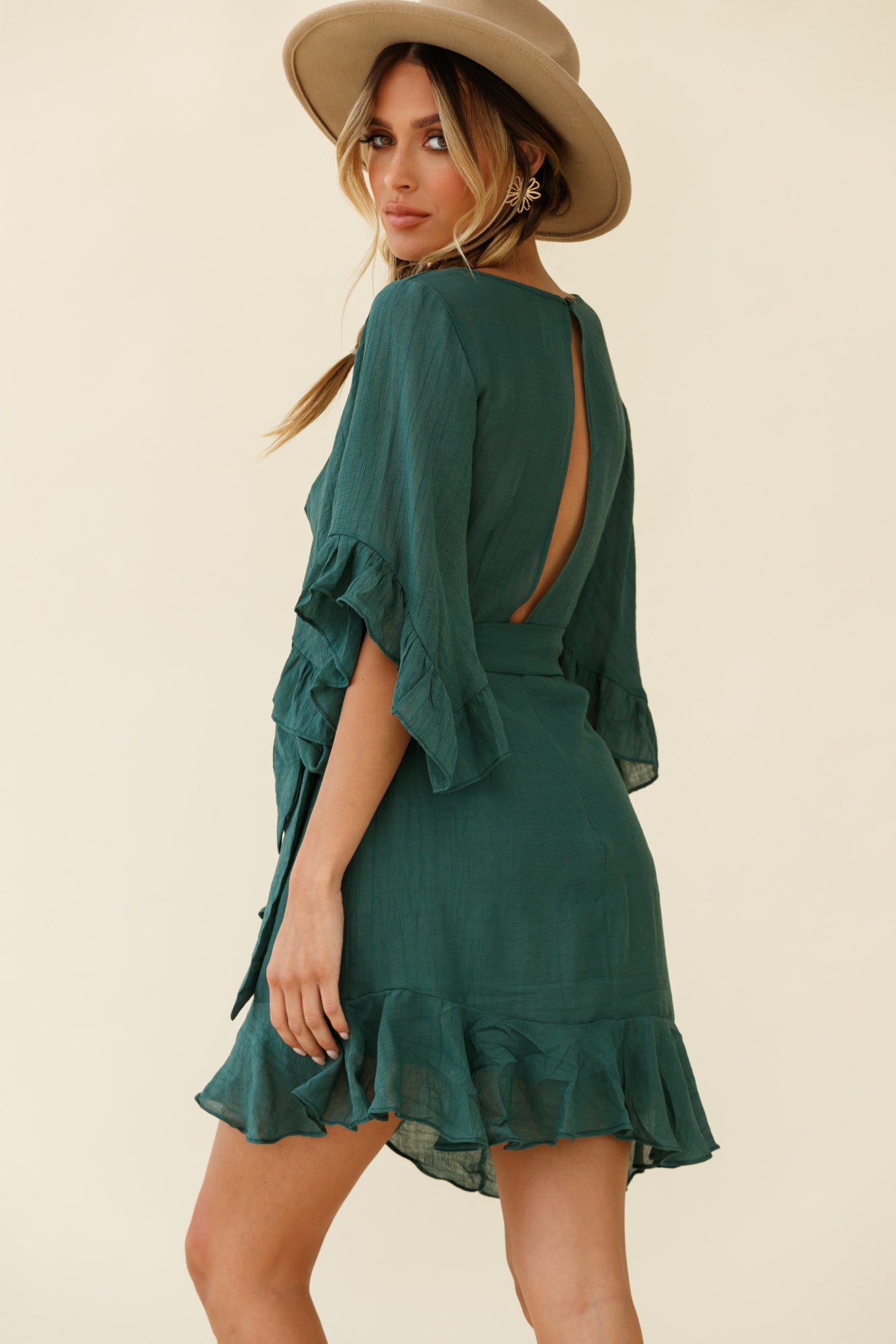 Make It Happen Flared Sleeve Ruffle Trim Dress Green-Maymioy