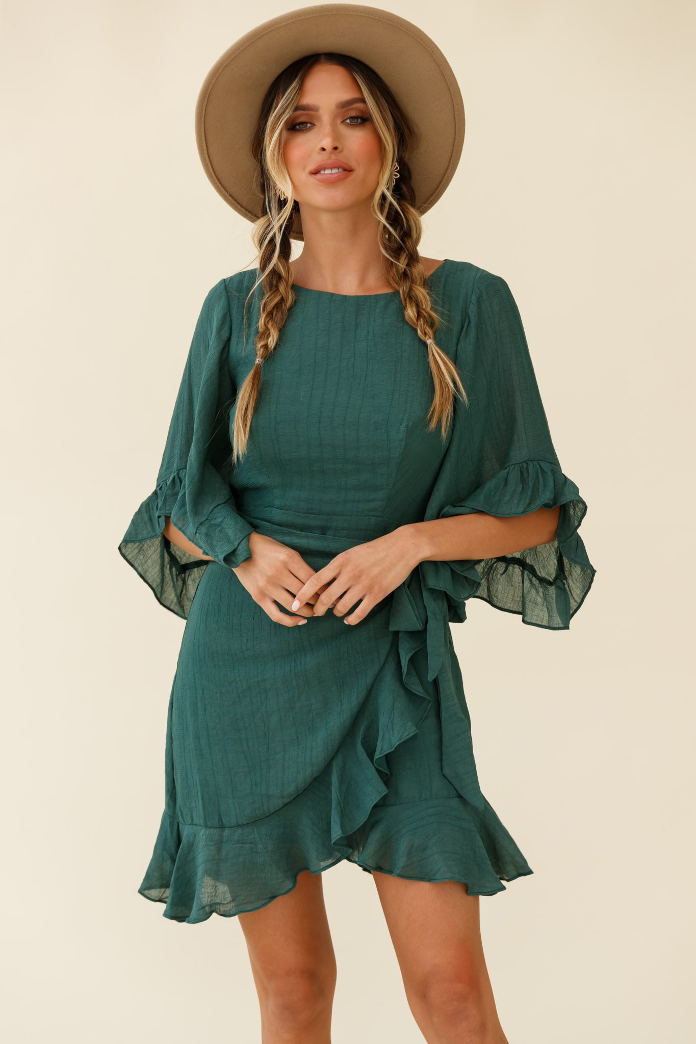 Make It Happen Flared Sleeve Ruffle Trim Dress Green-Maymioy