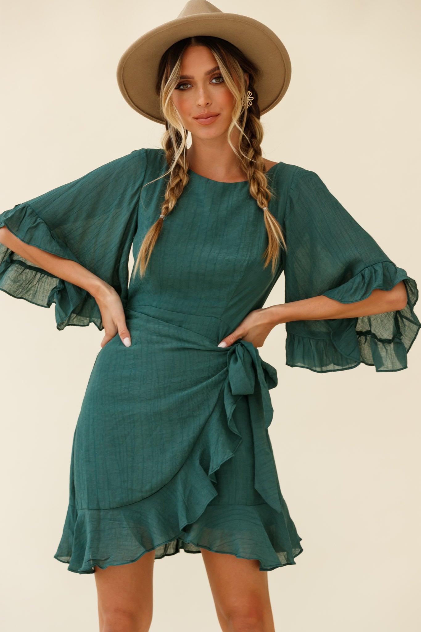 Make It Happen Flared Sleeve Ruffle Trim Dress Green-Maymioy