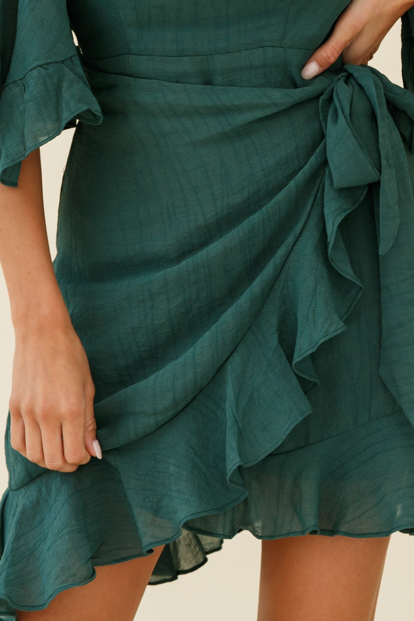 Make It Happen Flared Sleeve Ruffle Trim Dress Green-Maymioy