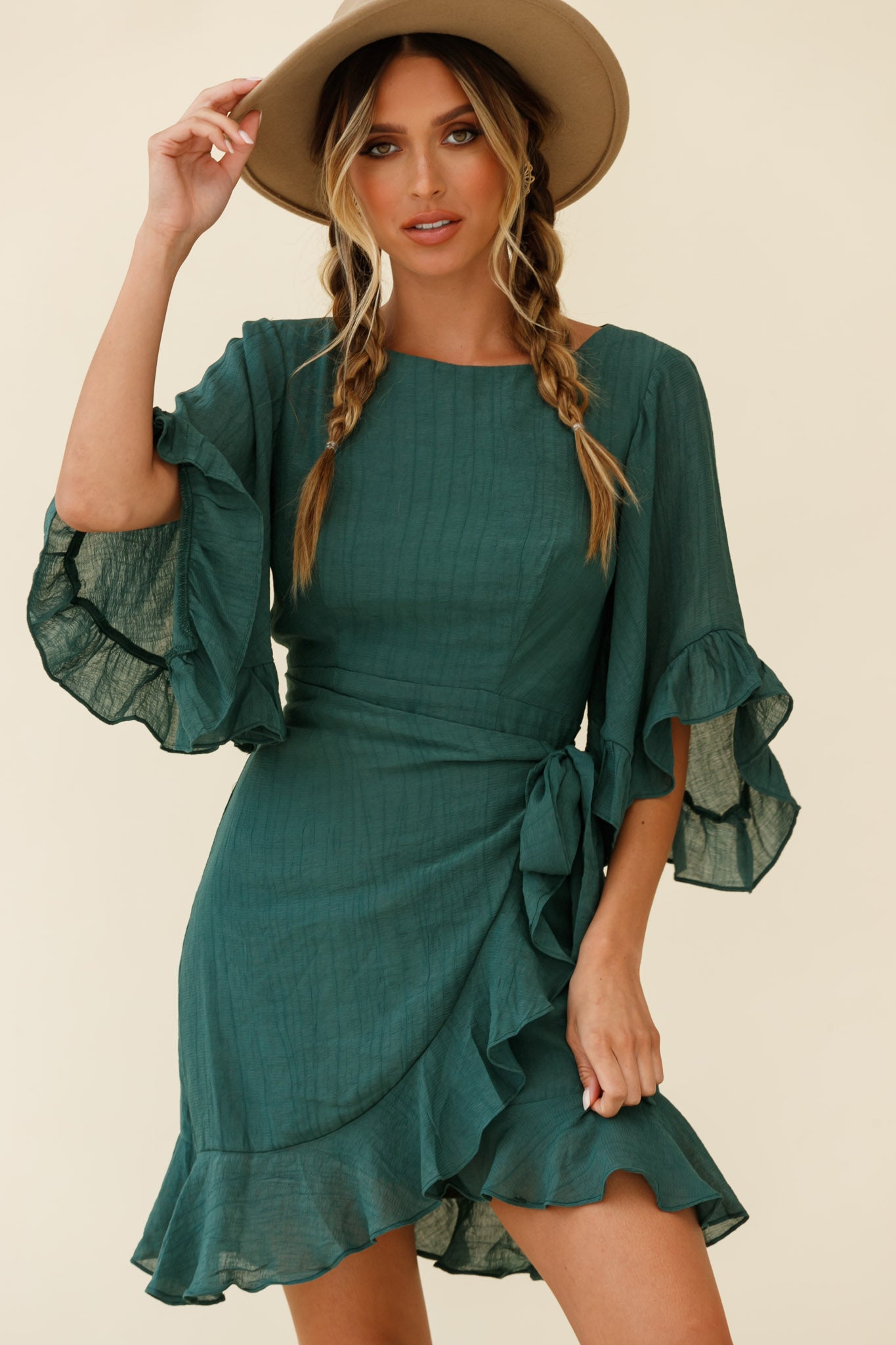 Make It Happen Flared Sleeve Ruffle Trim Dress Green-Maymioy