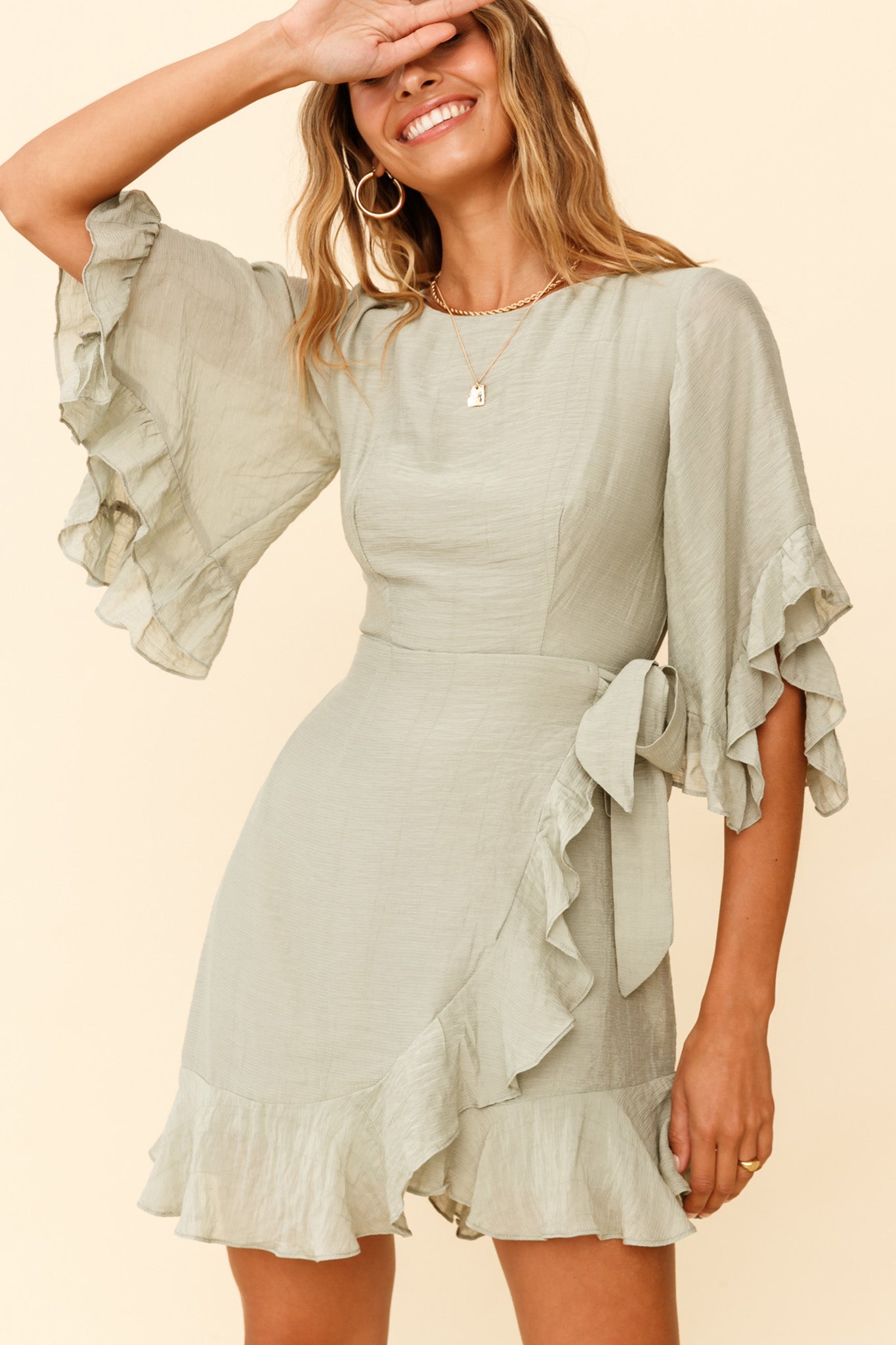 Make It Happen Flared Sleeve Ruffle Trim Dress Pistachio-Maymioy
