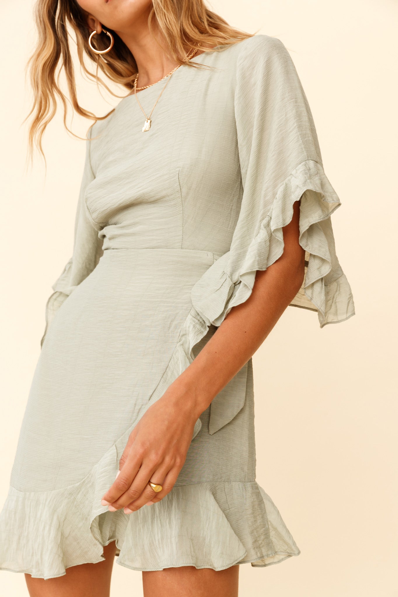Make It Happen Flared Sleeve Ruffle Trim Dress Pistachio-Maymioy