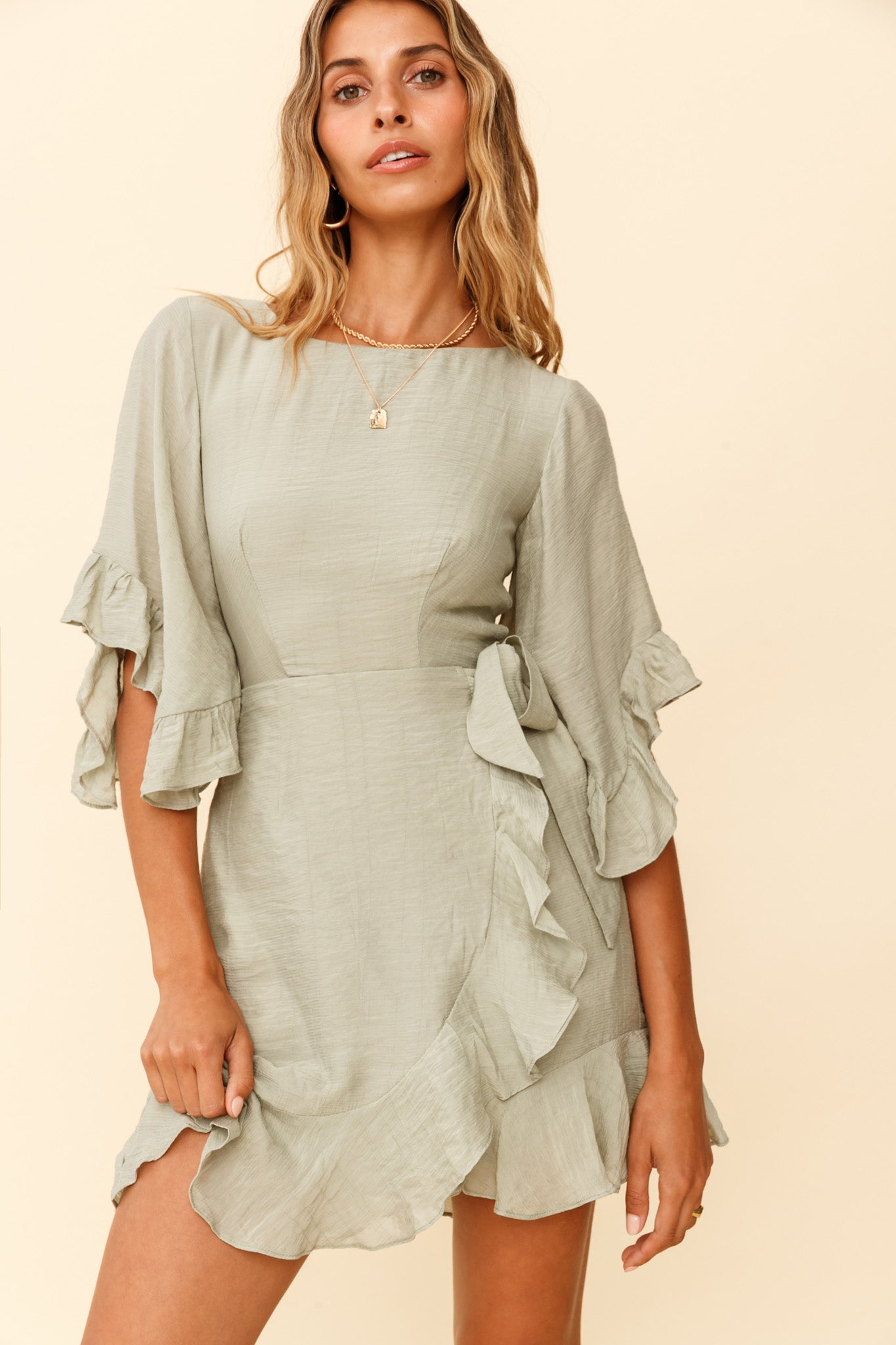 Make It Happen Flared Sleeve Ruffle Trim Dress Pistachio-Maymioy