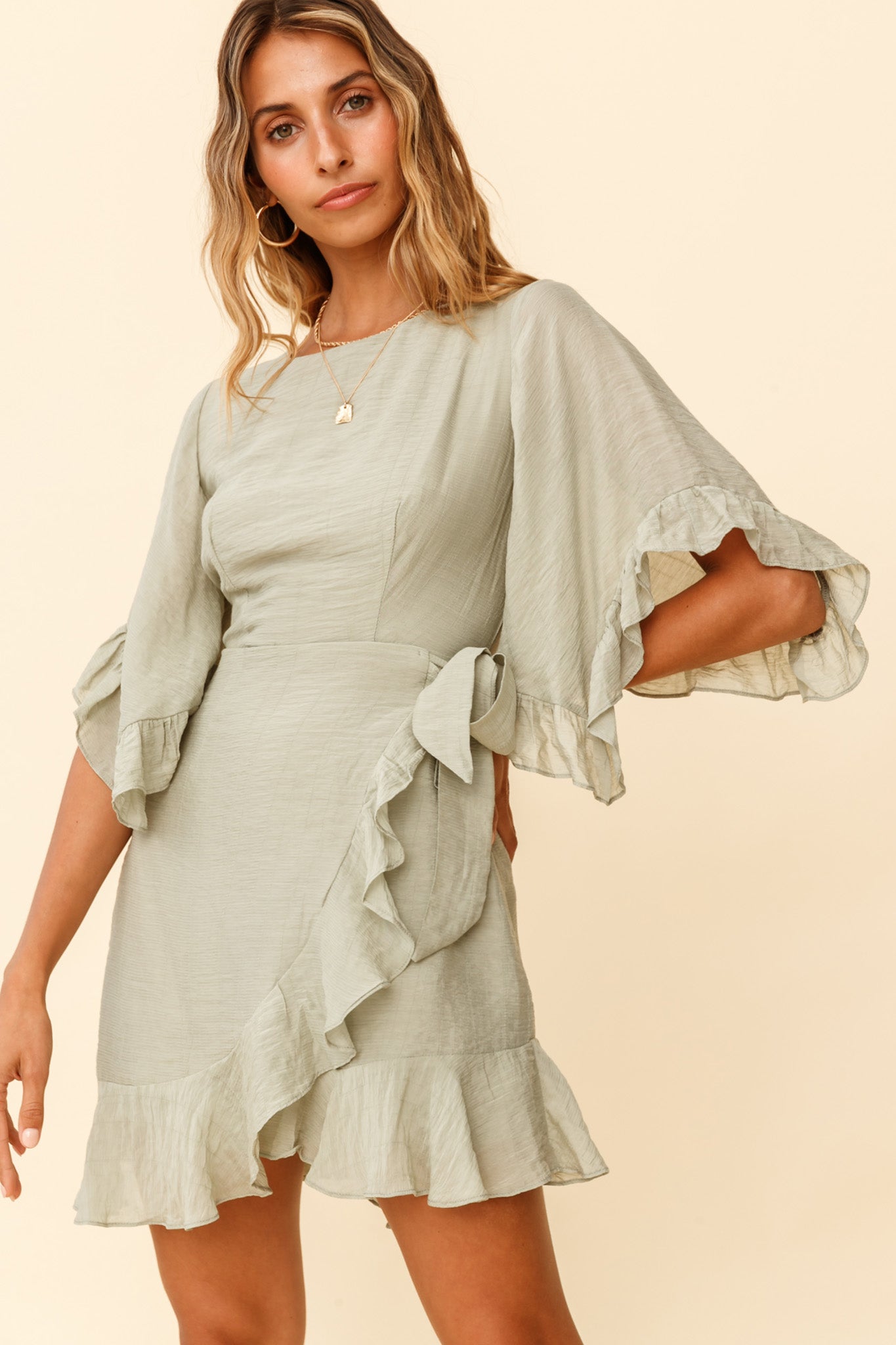 Make It Happen Flared Sleeve Ruffle Trim Dress Pistachio-Maymioy