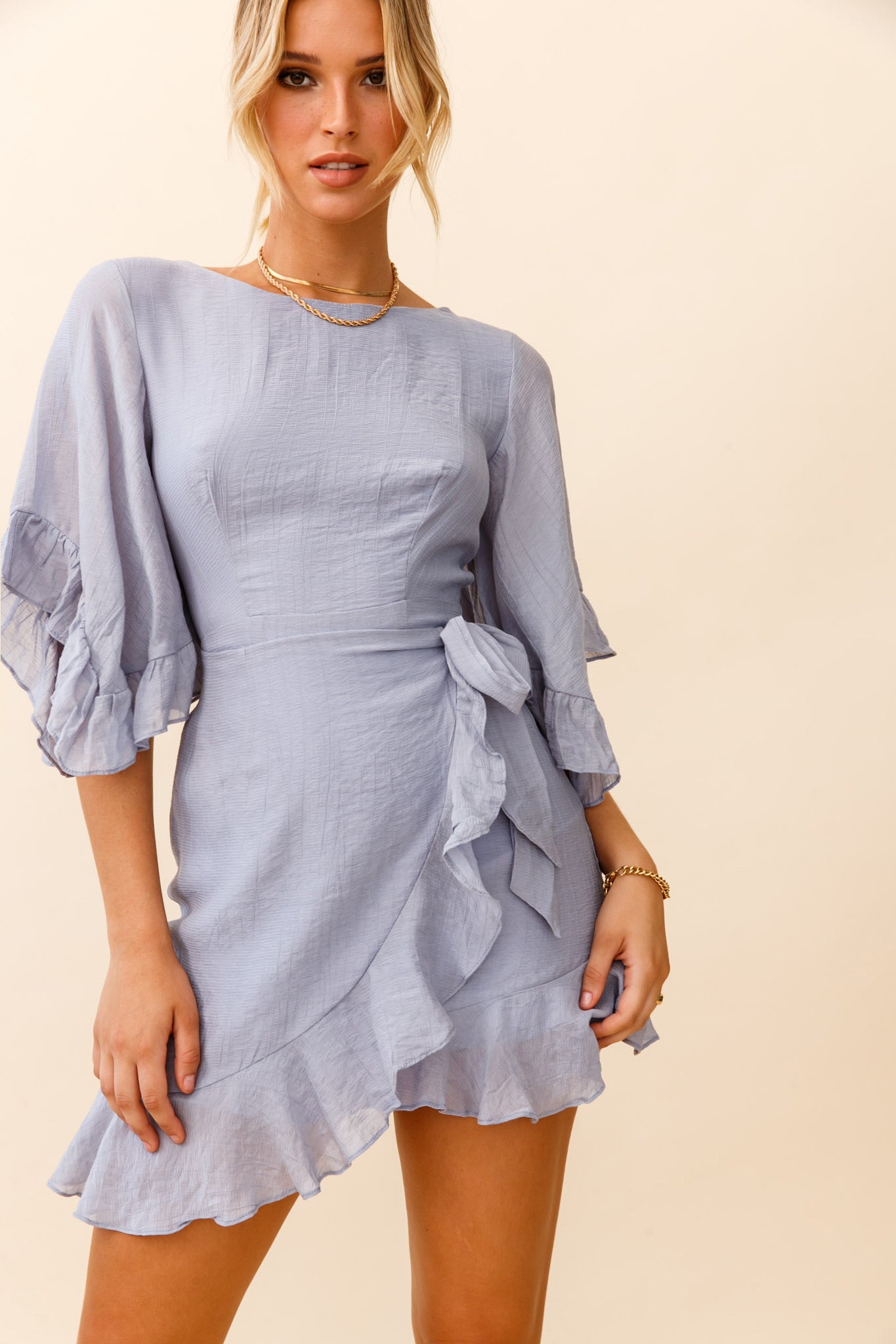 Make It Happen Flared Sleeve Ruffle Trim Dress Steel Blue-Maymioy