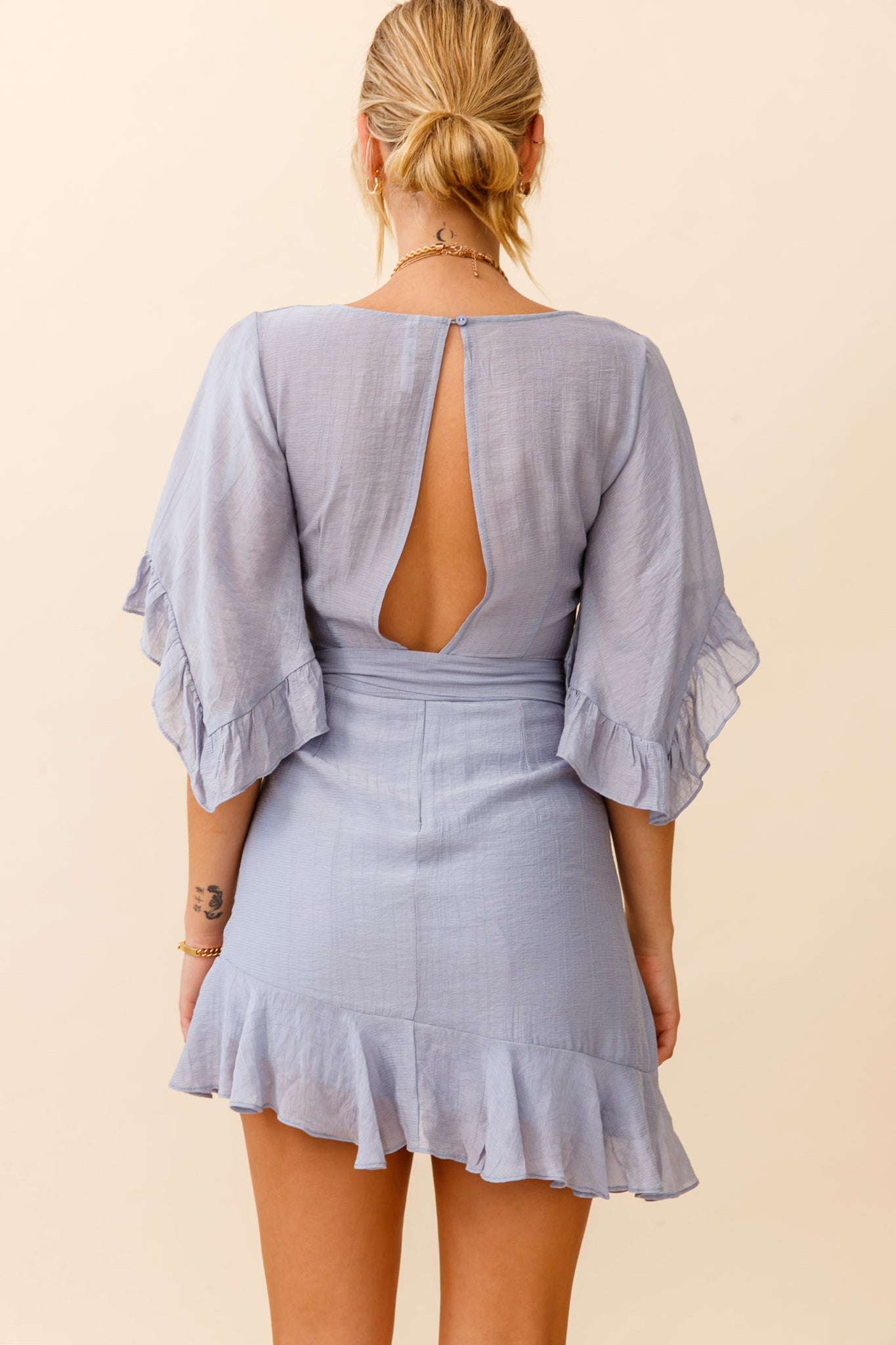 Make It Happen Flared Sleeve Ruffle Trim Dress Steel Blue-Maymioy