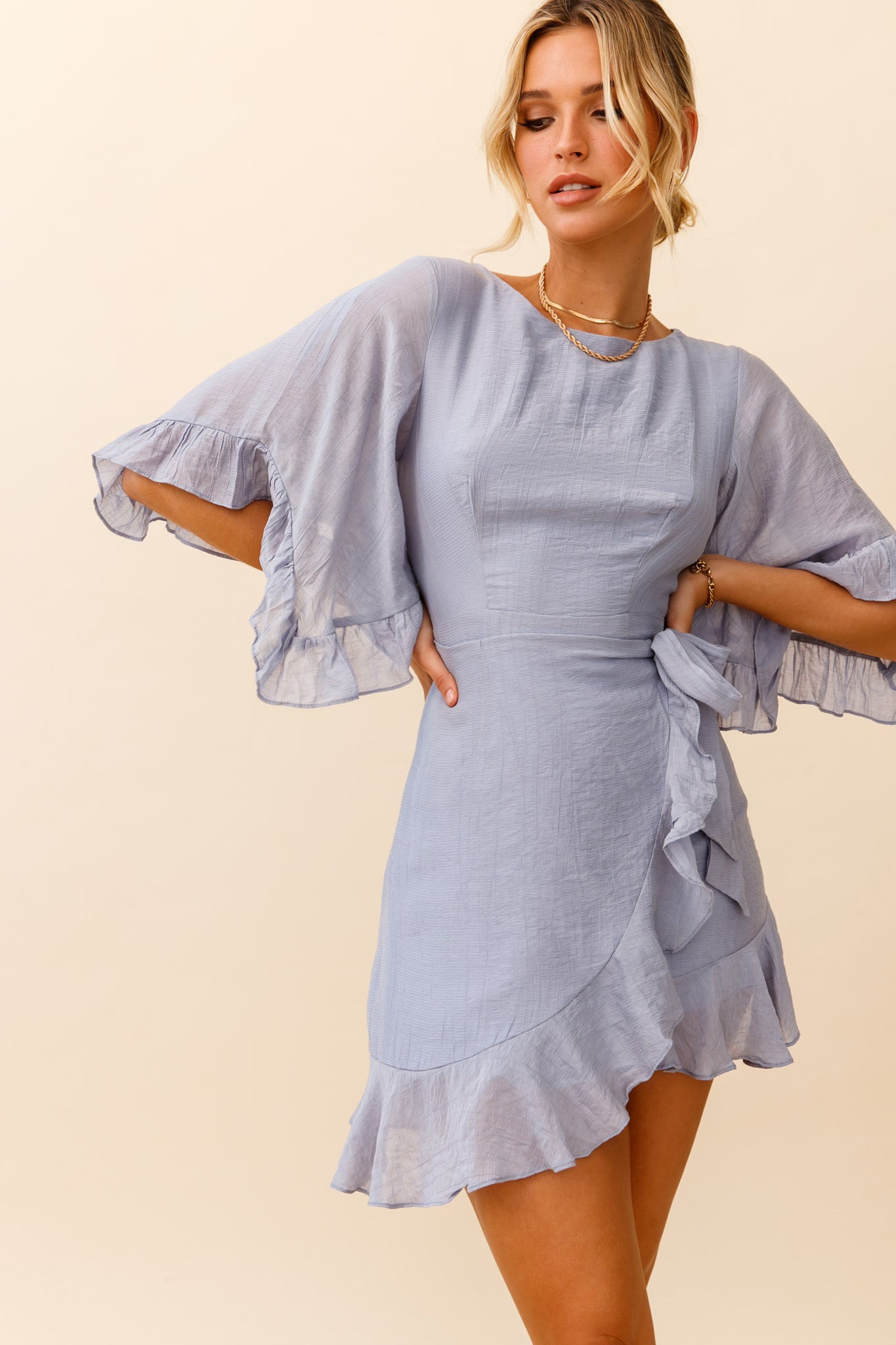 Make It Happen Flared Sleeve Ruffle Trim Dress Steel Blue-Maymioy