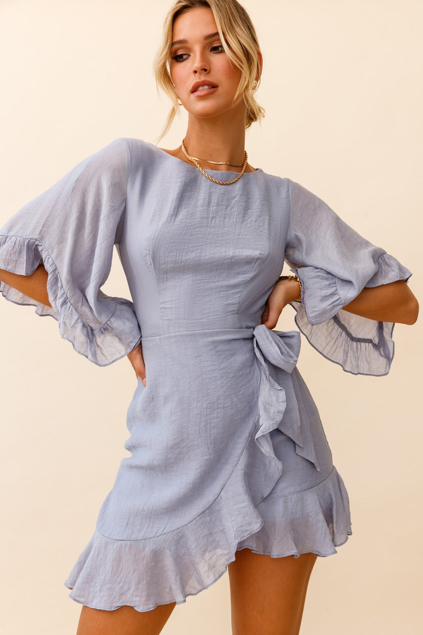 Make It Happen Flared Sleeve Ruffle Trim Dress Steel Blue-Maymioy