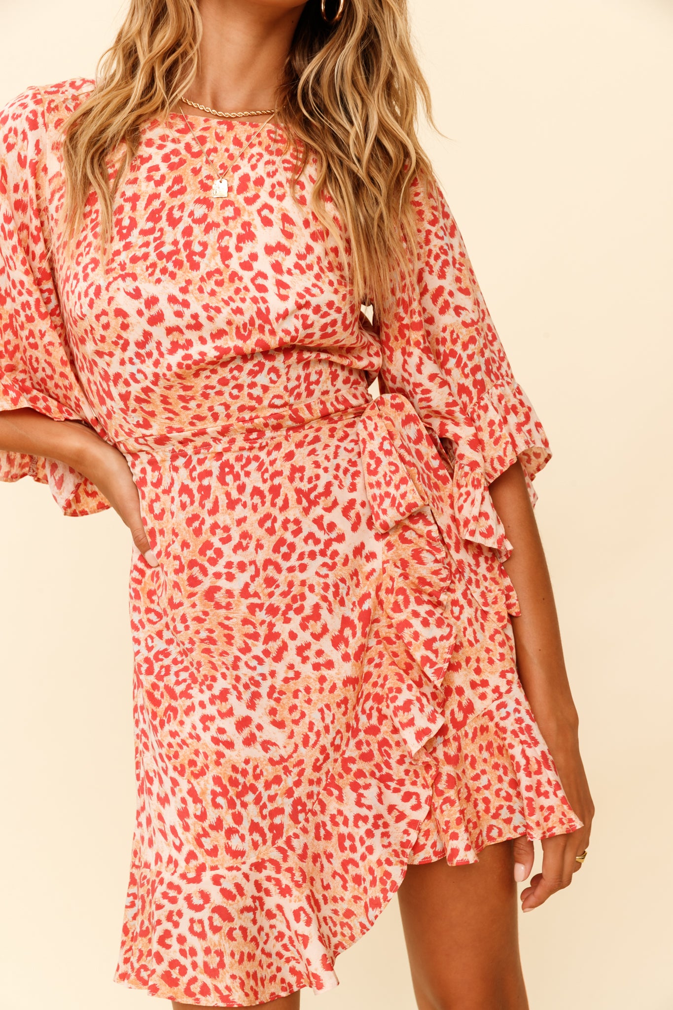 Make It Happen Flared Sleeve Ruffle Trim Dress Leopard Print Orange-Maymioy
