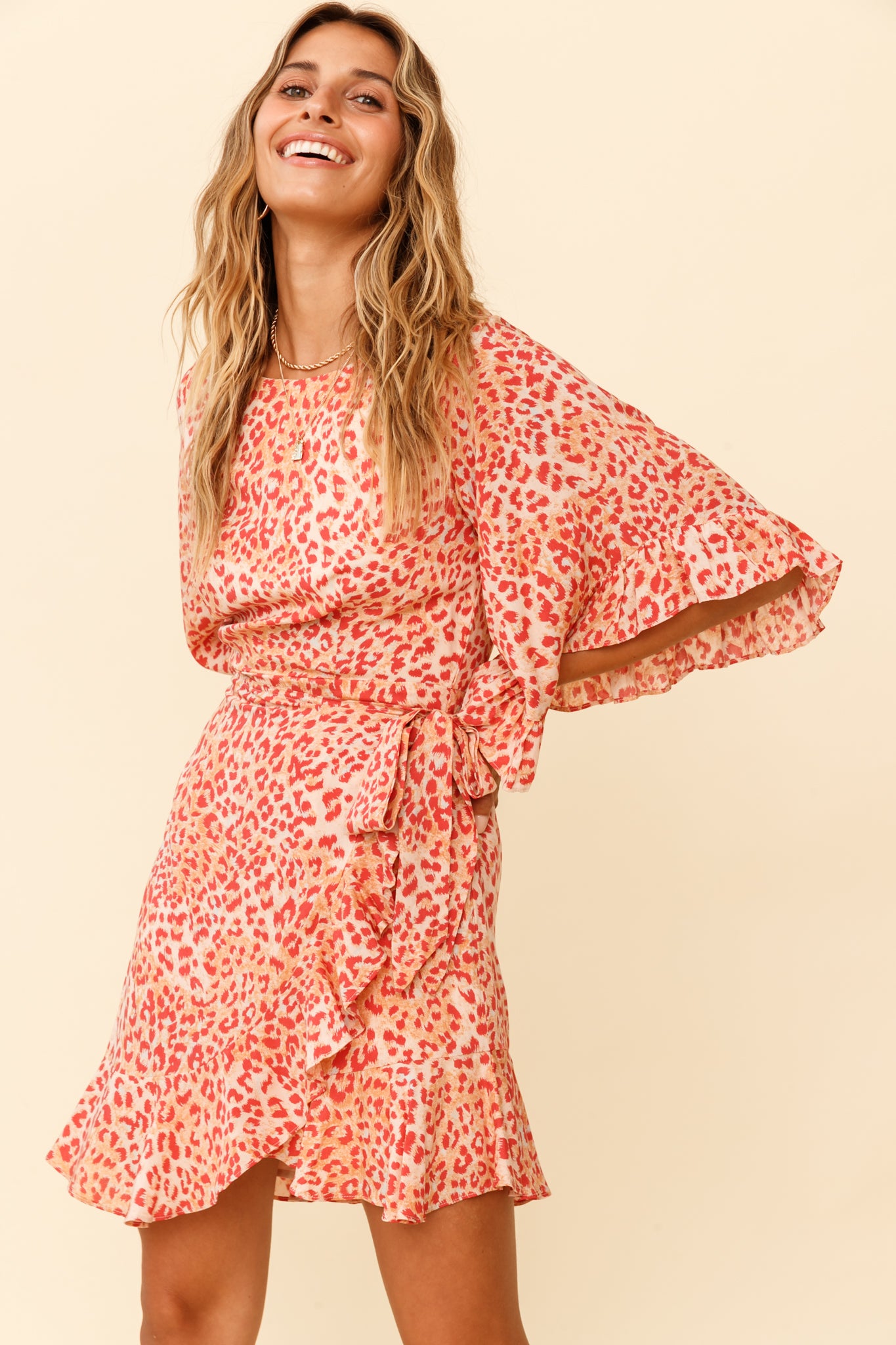 Make It Happen Flared Sleeve Ruffle Trim Dress Leopard Print Orange-Maymioy