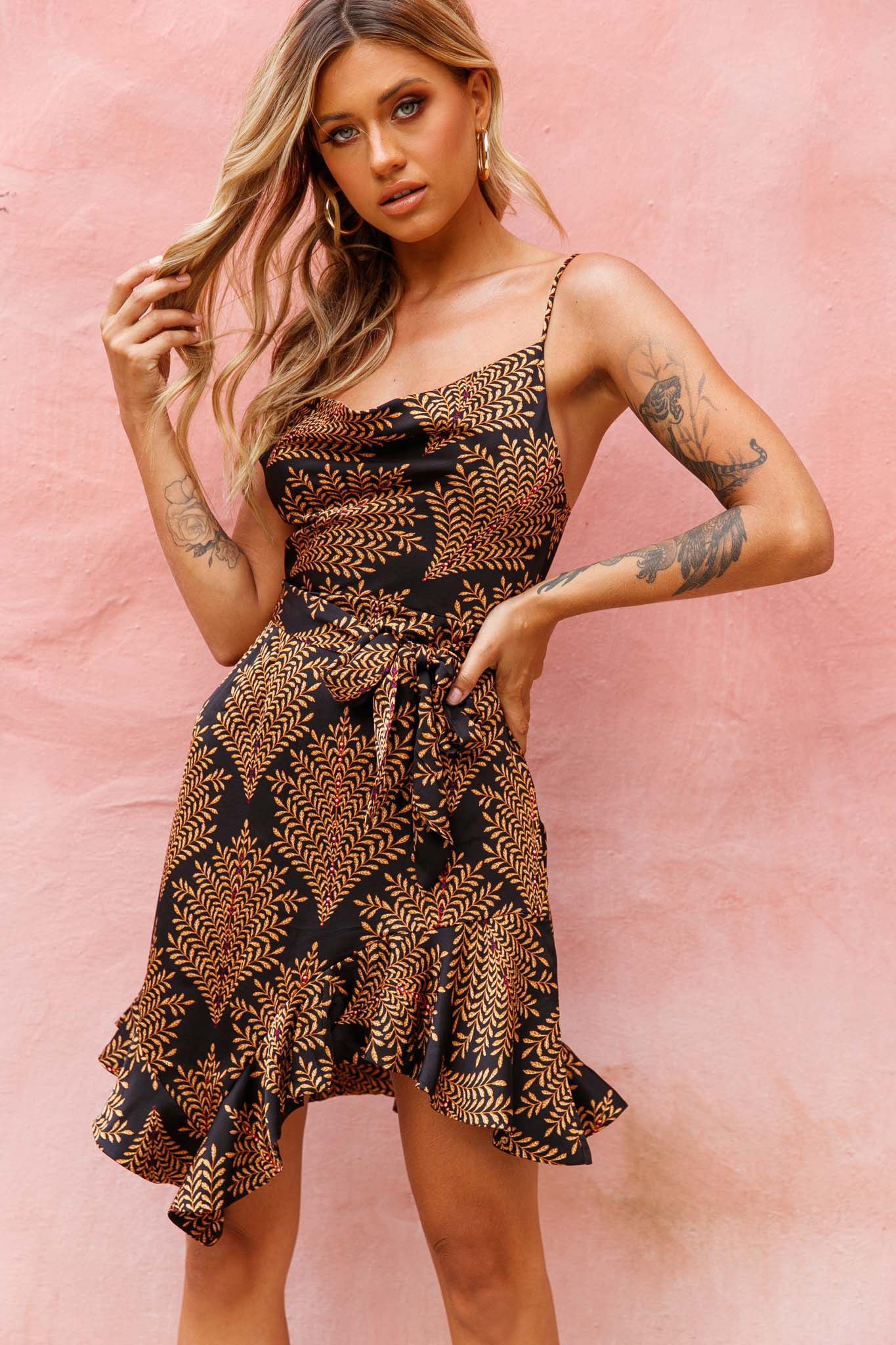 On The Prowl Cowl Neck Asymmetrical Hem Dress Leaf Print Mustard-Maymioy