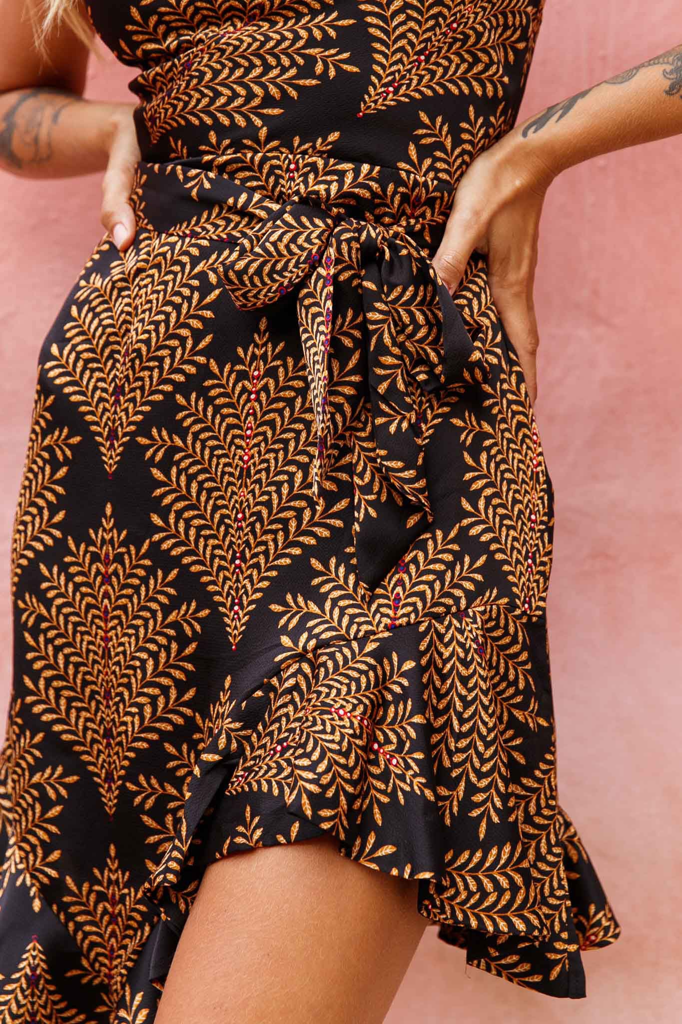 On The Prowl Cowl Neck Asymmetrical Hem Dress Leaf Print Mustard-Maymioy