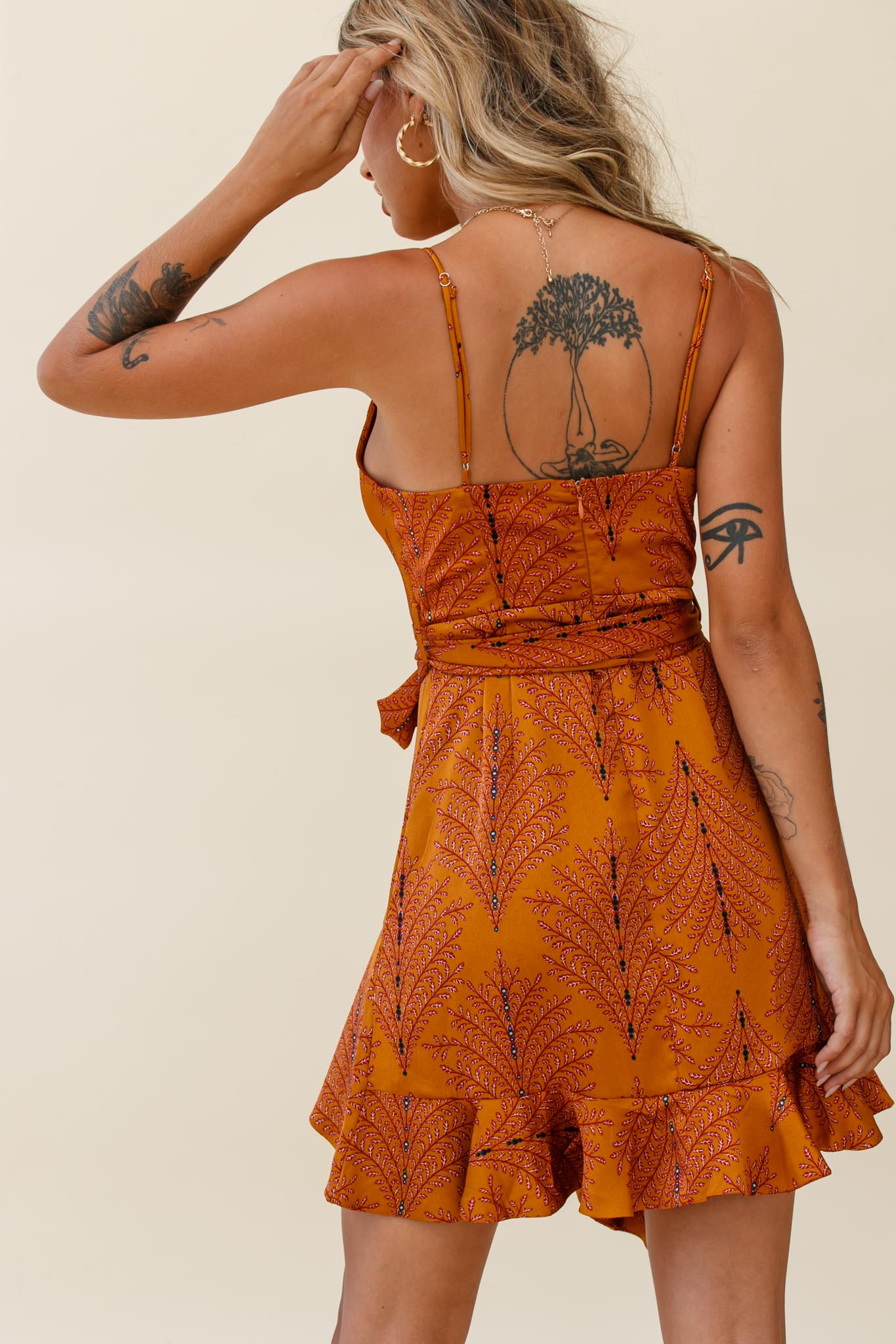 On The Prowl Cowl Neck Asymmetrical Hem Dress Leaf Print Tan-Maymioy