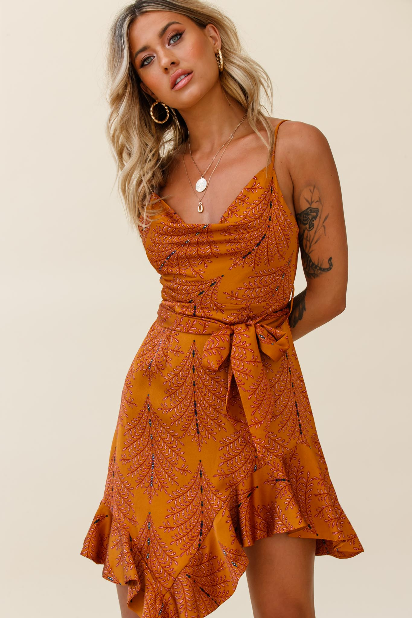 On The Prowl Cowl Neck Asymmetrical Hem Dress Leaf Print Tan-Maymioy