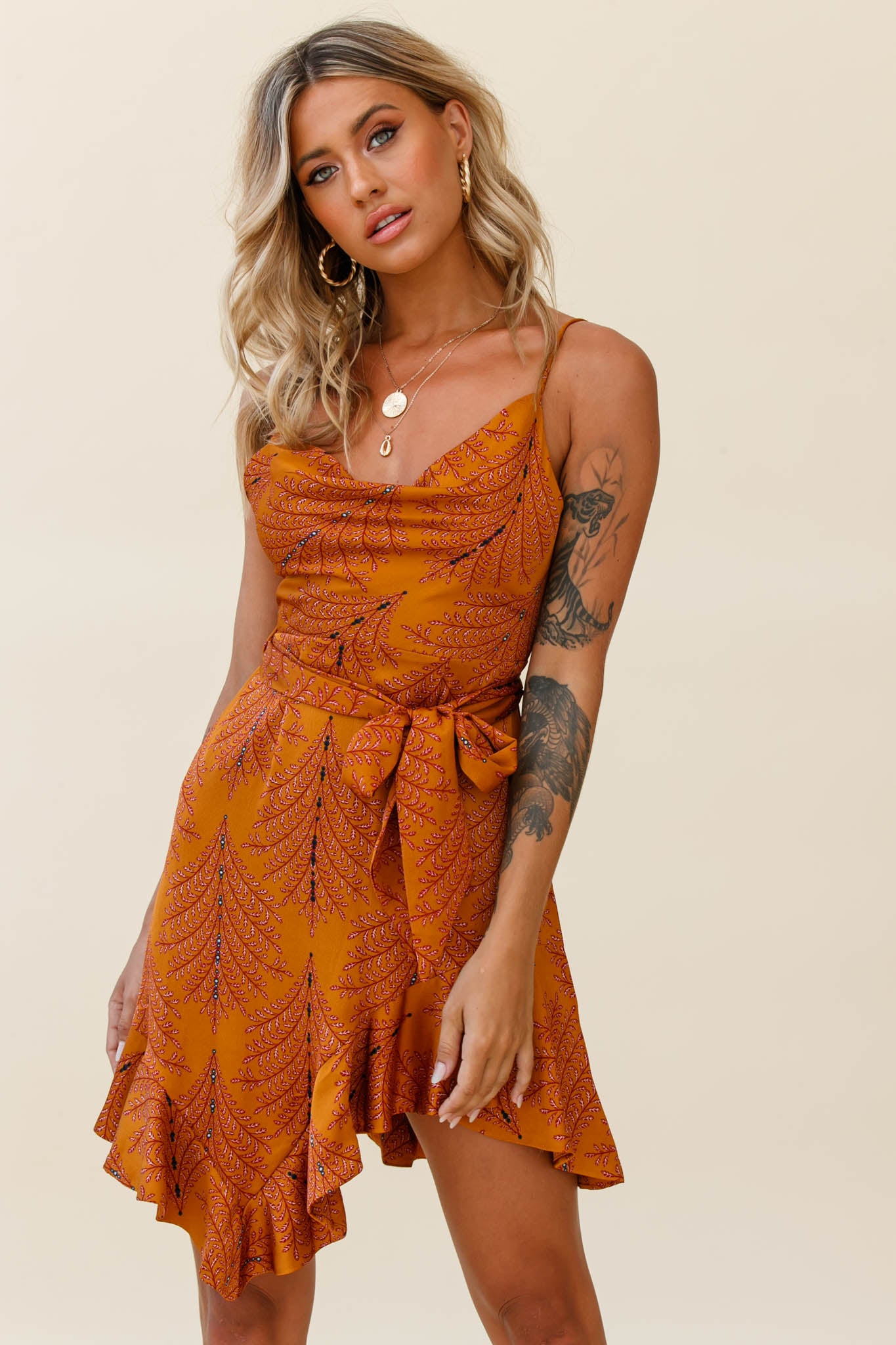 On The Prowl Cowl Neck Asymmetrical Hem Dress Leaf Print Tan-Maymioy