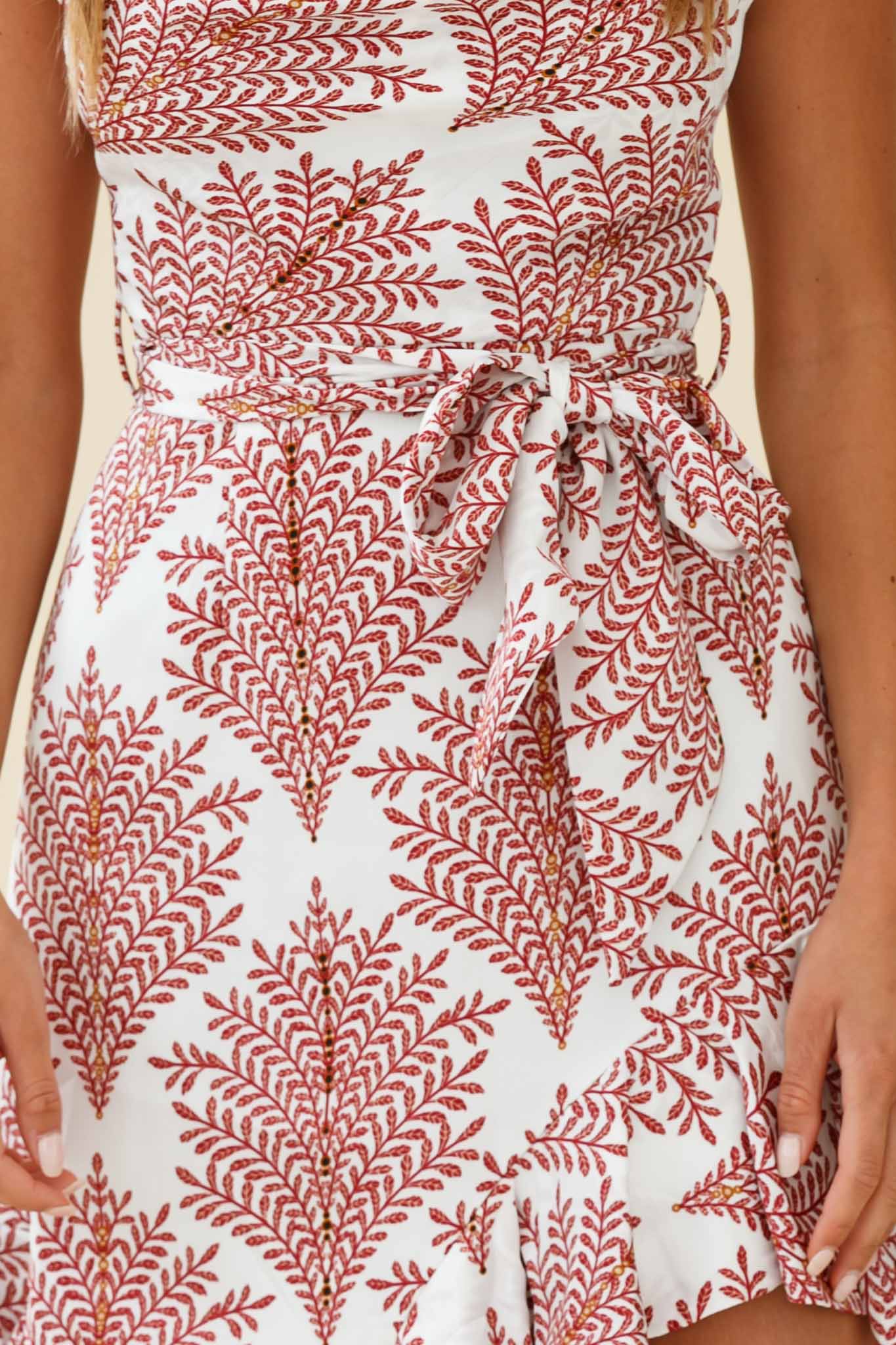 On The Prowl Cowl Neck Asymmetrical Hem Dress Leaf Print White-Maymioy