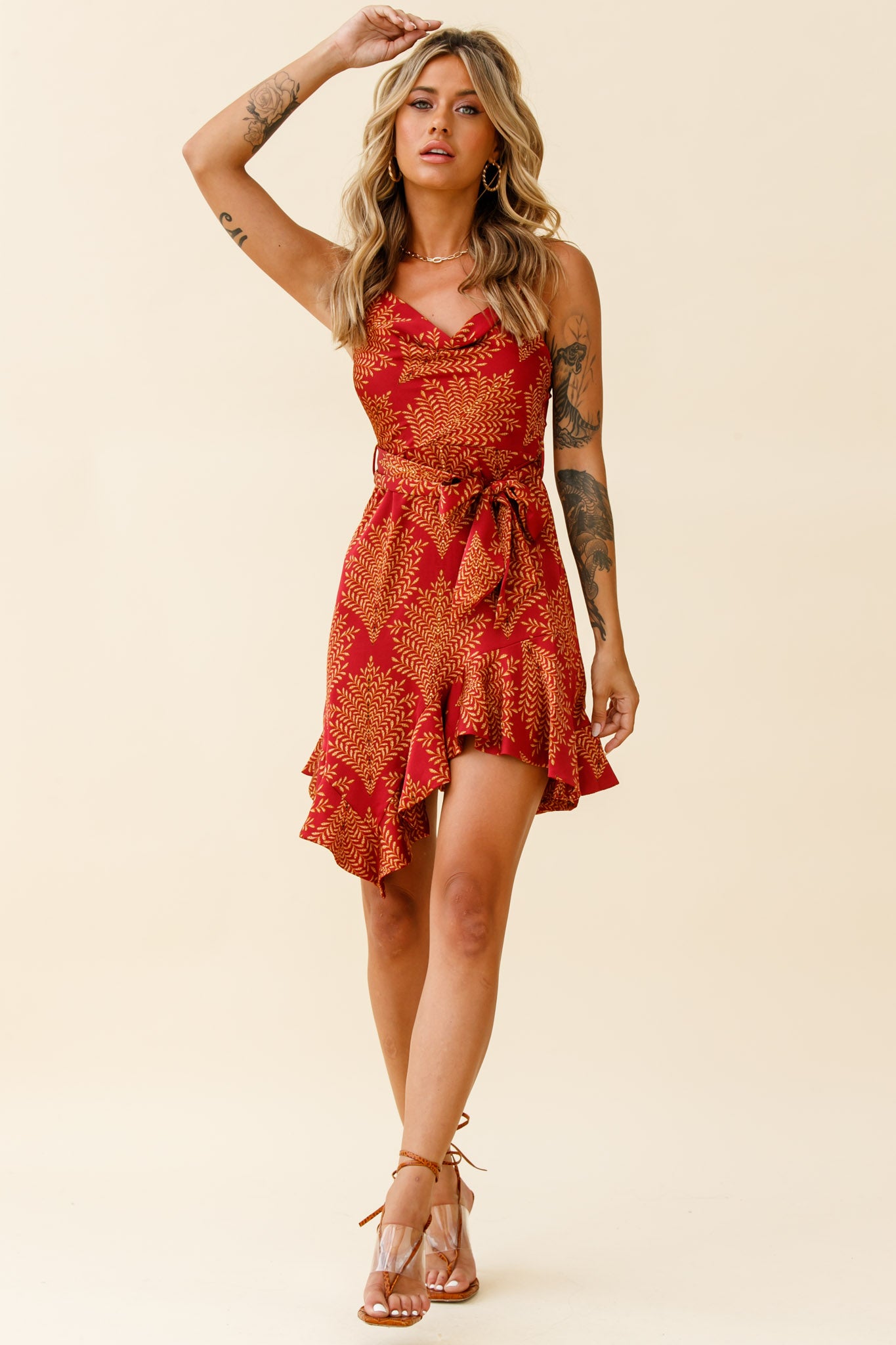 On The Prowl Cowl Neck Asymmetrical Hem Dress Leaf Print Wine-Maymioy