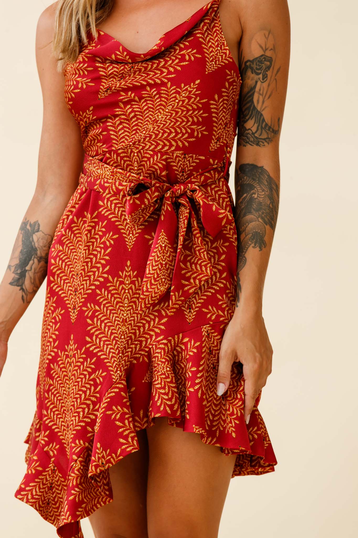 On The Prowl Cowl Neck Asymmetrical Hem Dress Leaf Print Wine-Maymioy