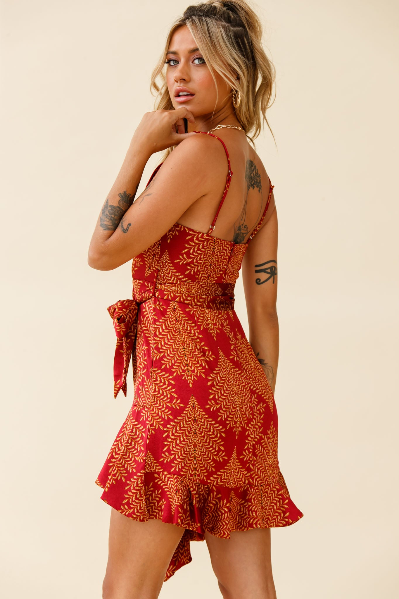 On The Prowl Cowl Neck Asymmetrical Hem Dress Leaf Print Wine-Maymioy