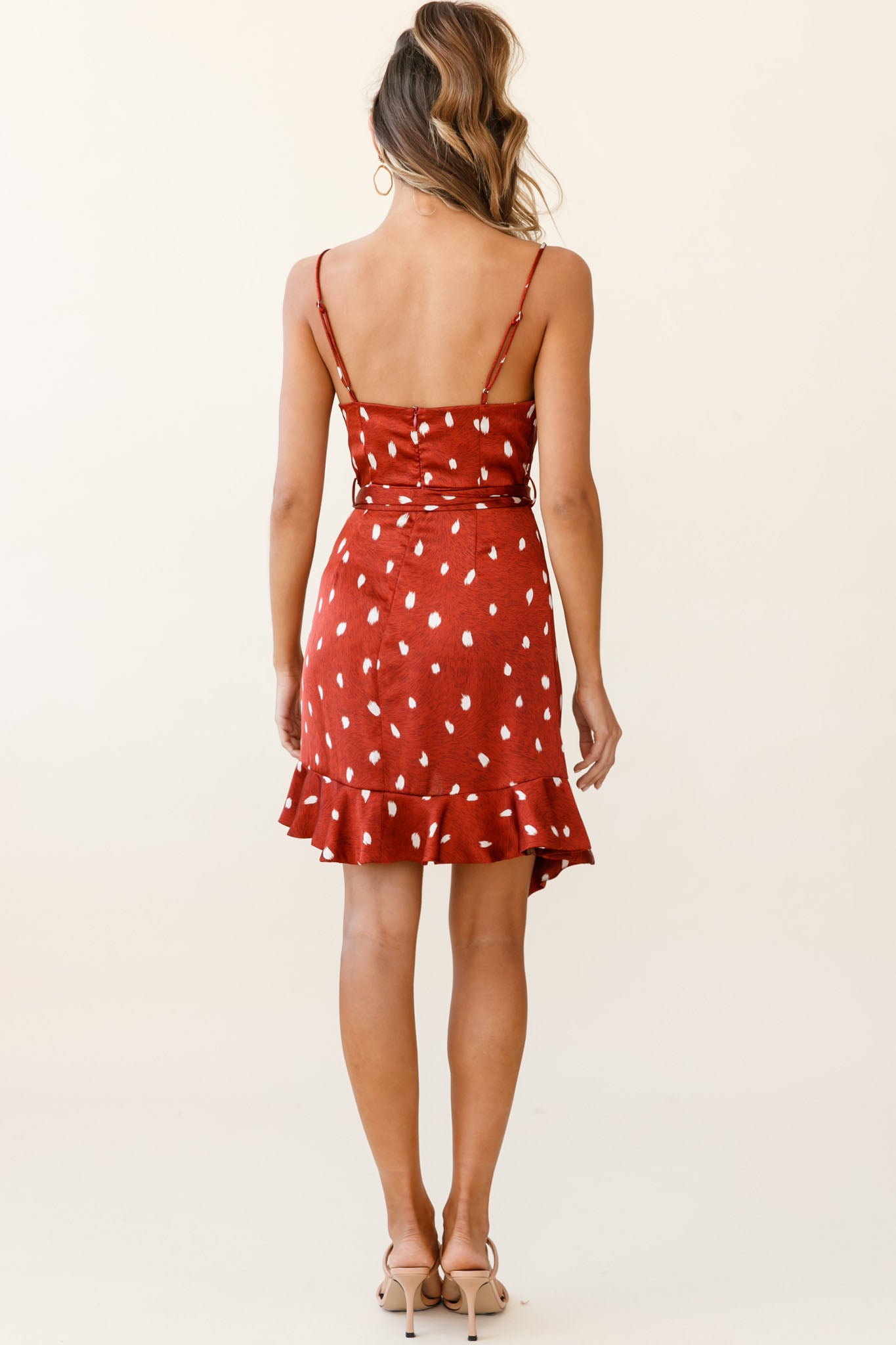 On The Prowl Cowl Neck Asymmetrical Hem Dress Spot Print Rust-Maymioy